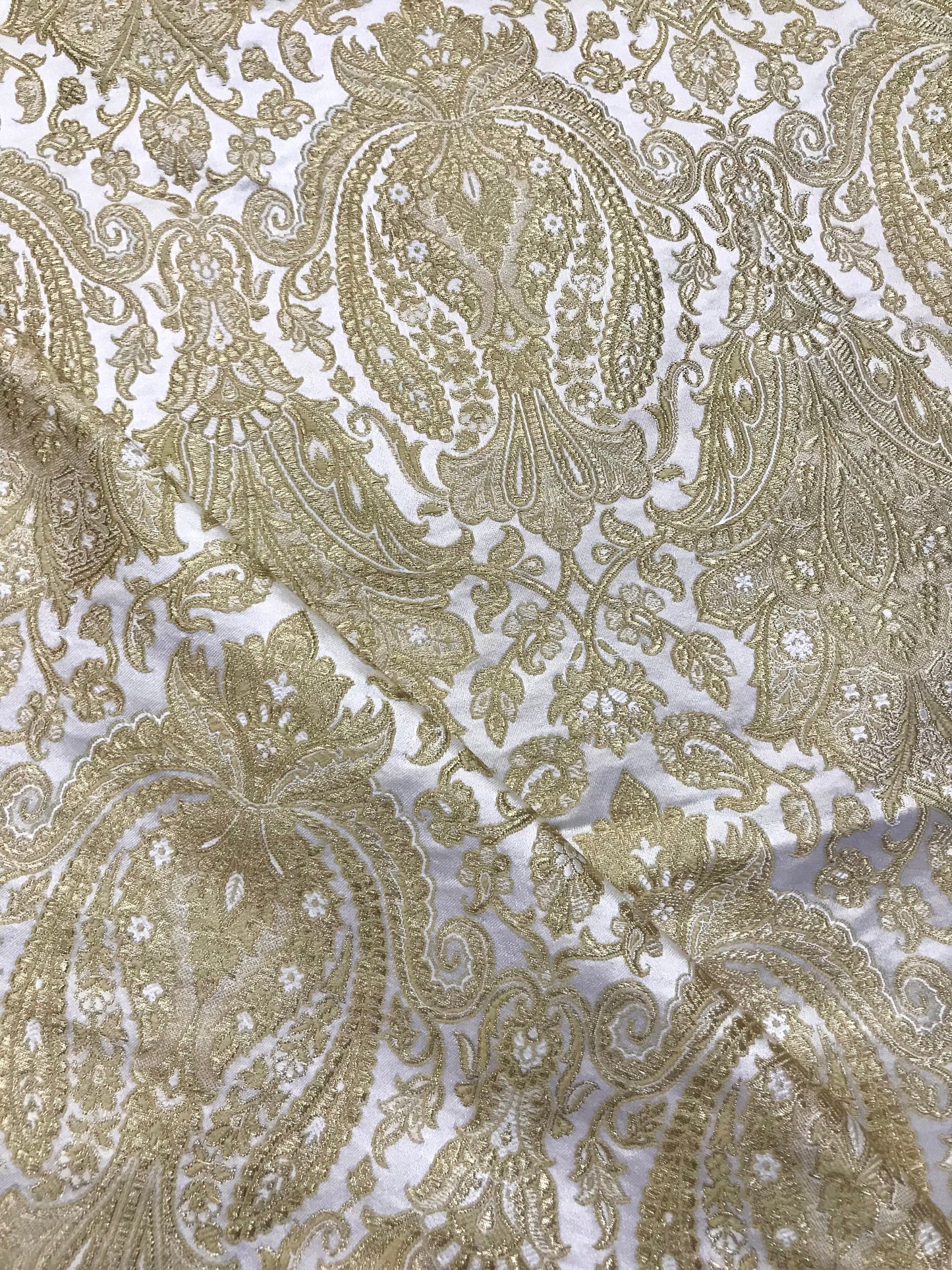 Indian Banarasi Brocade Fabric in White and Gold color,  Multiple lengths will come in the continuous piece - NF591