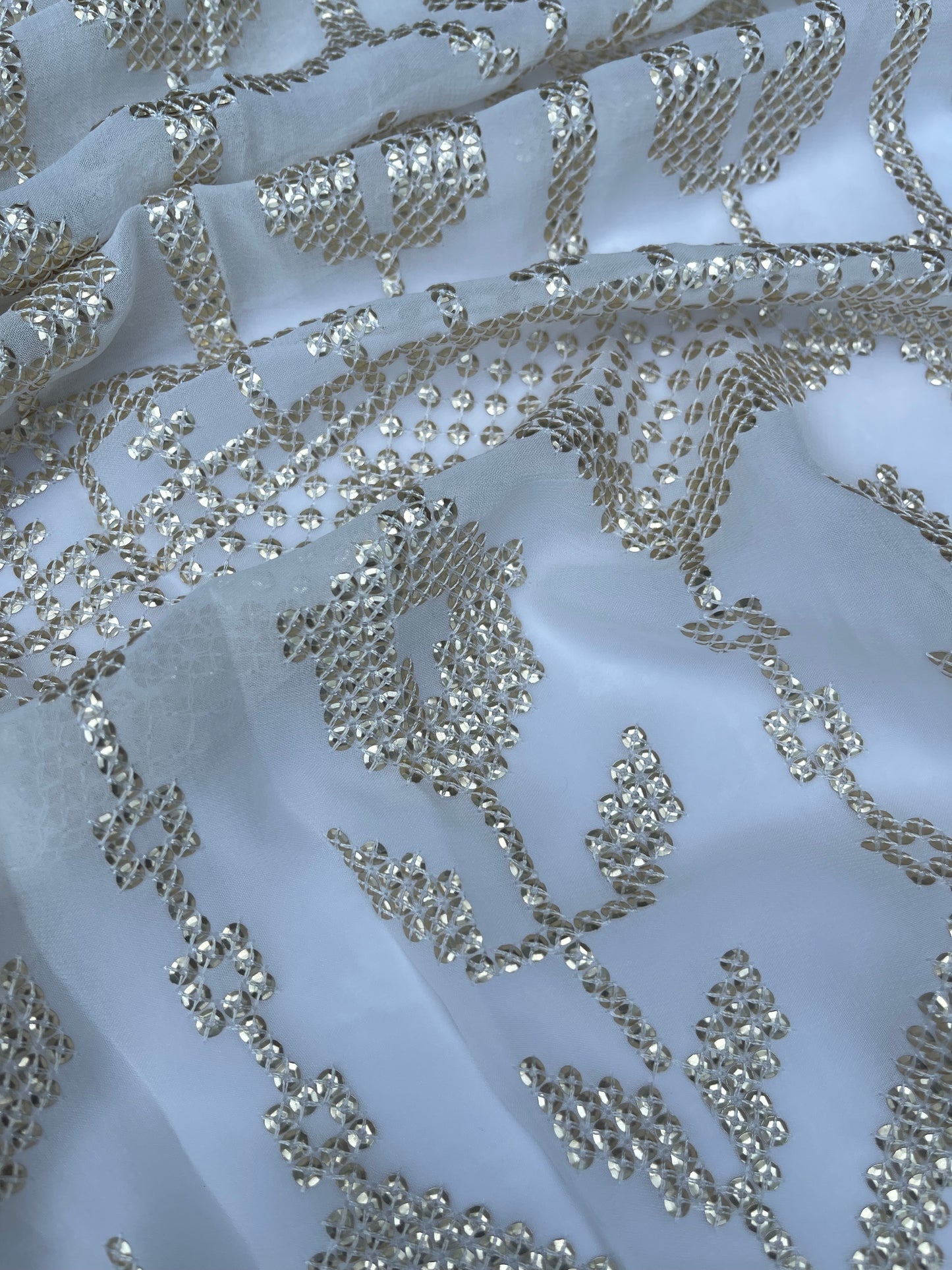 Indian Embroidered CHIFFON Fabric in Off-White color, Multiple lengths will come in the continuous piece - NF945