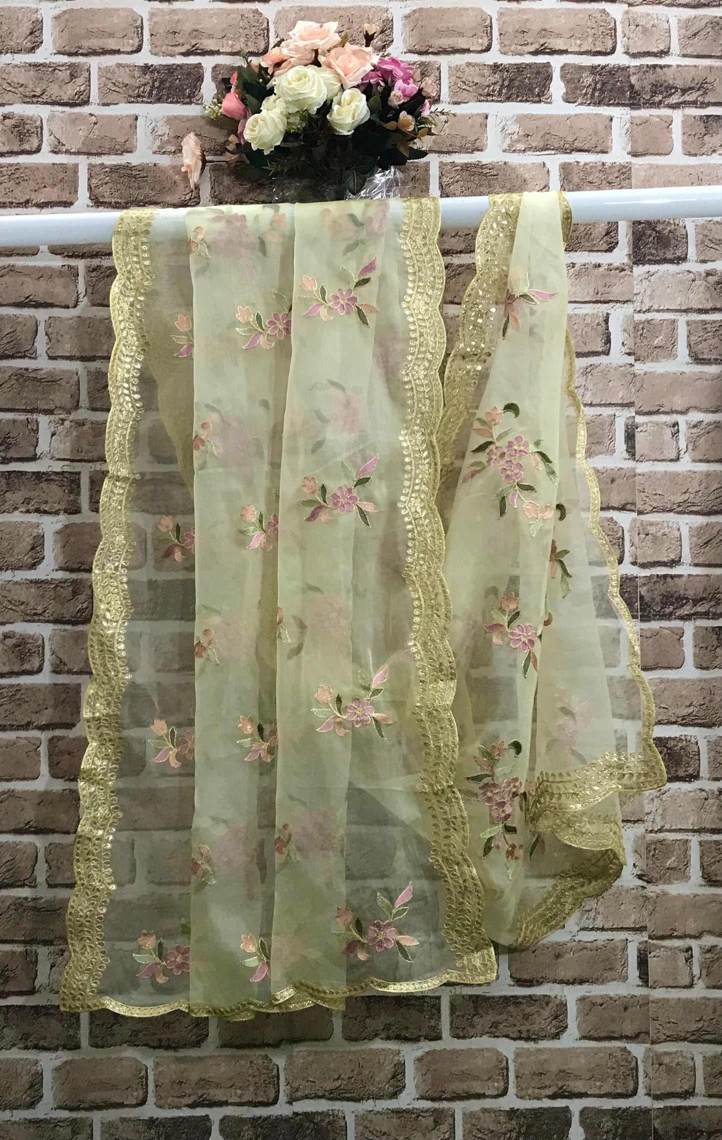 Lemon Cream Embroidered Organza Dupatta for Women, Stole, Scarf, Shawl, Abaya, Chunari, Occasion Wear, Veil, Indian Fashion, Chunni,DP2007