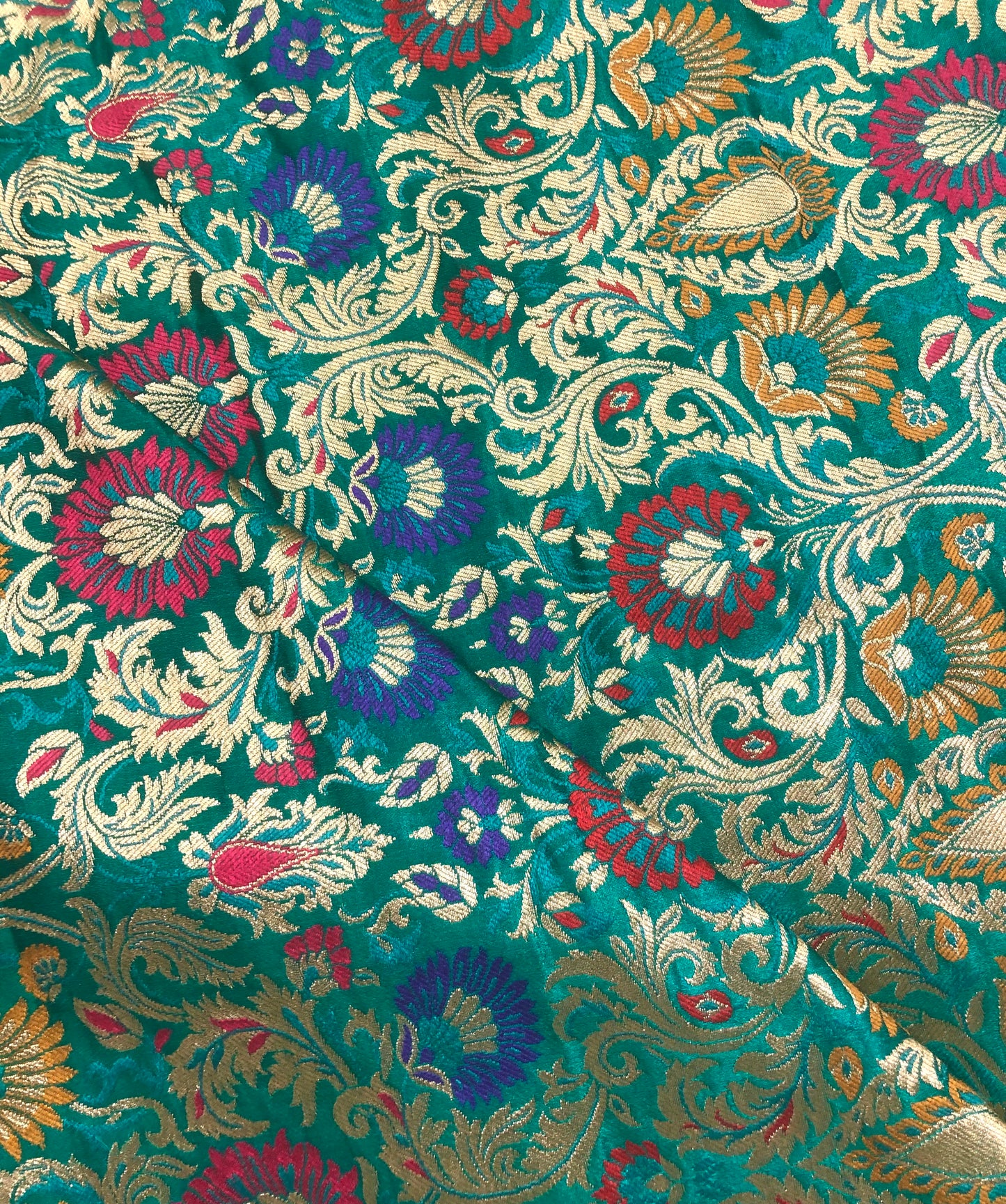 Indian Banarasi Brocade Fabric in Green and Gold color, Multiple lengths will come in the continuous Piece - NF599