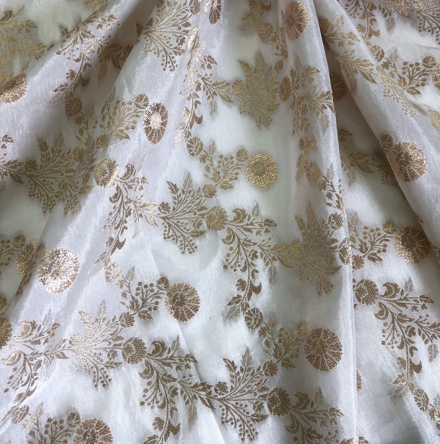 Indian Dola Silk Dyeable Fabric in White & Gold color, Multiple lengths will come in the continuous piece - NF864