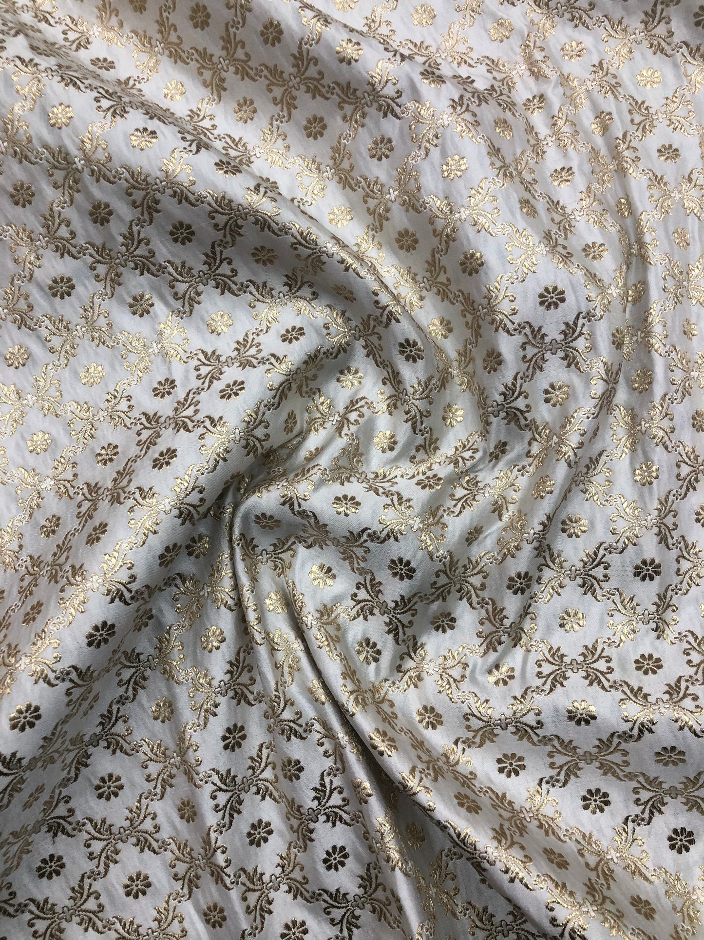 Indian Banarasi Brocade fabric in White and Gold color, Multiple lengths will come in the continuous piece - NF667