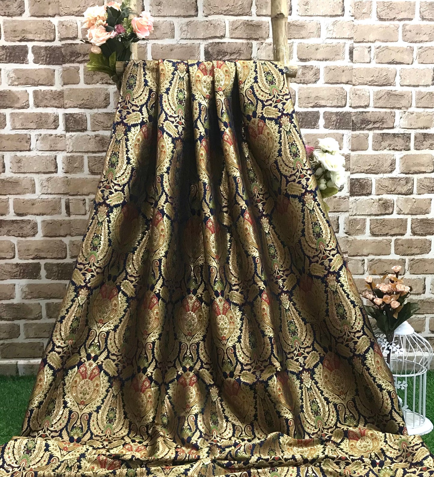 Indian Banarasi Brocade fabric in Black and gold color, Multiple lengths will come in the continuous piece - NF772