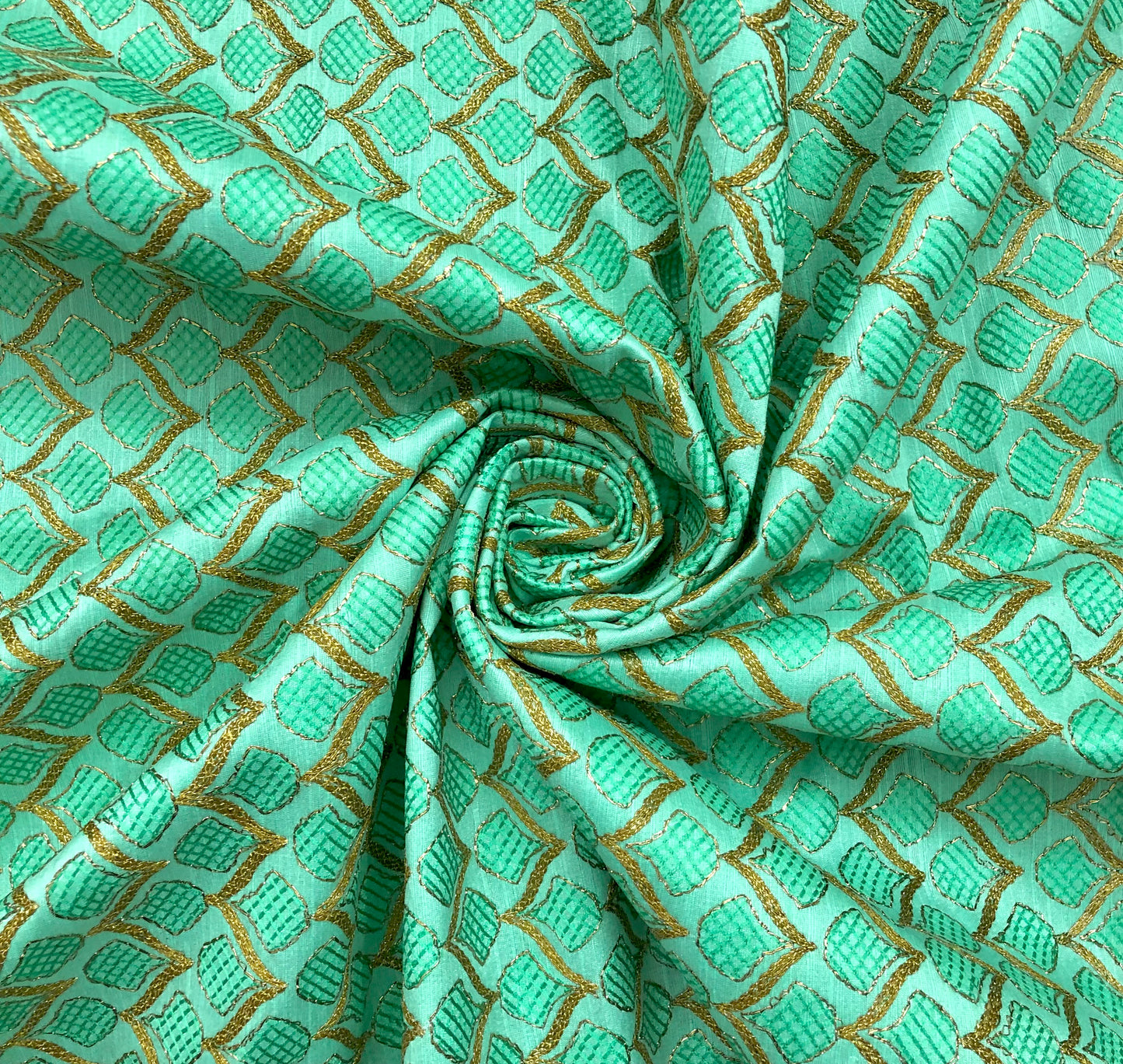 Indian Embroidered Fabric in Green color,  Multiple lengths will come in the continuous piece - NF836