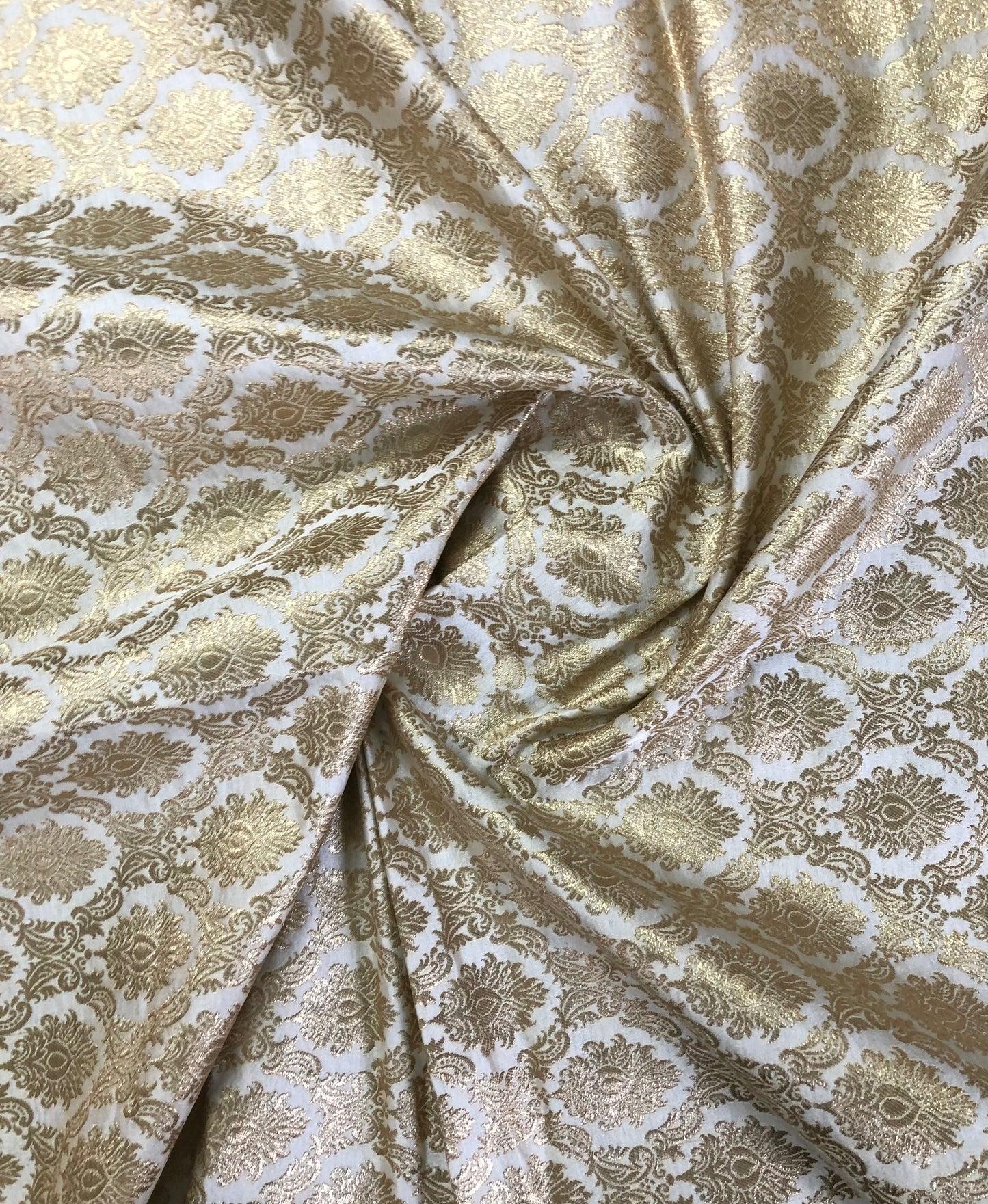 Indian Banarasi Brocade Fabric in White and Gold color, Multiple lengths will come in the continuous piece - NF585