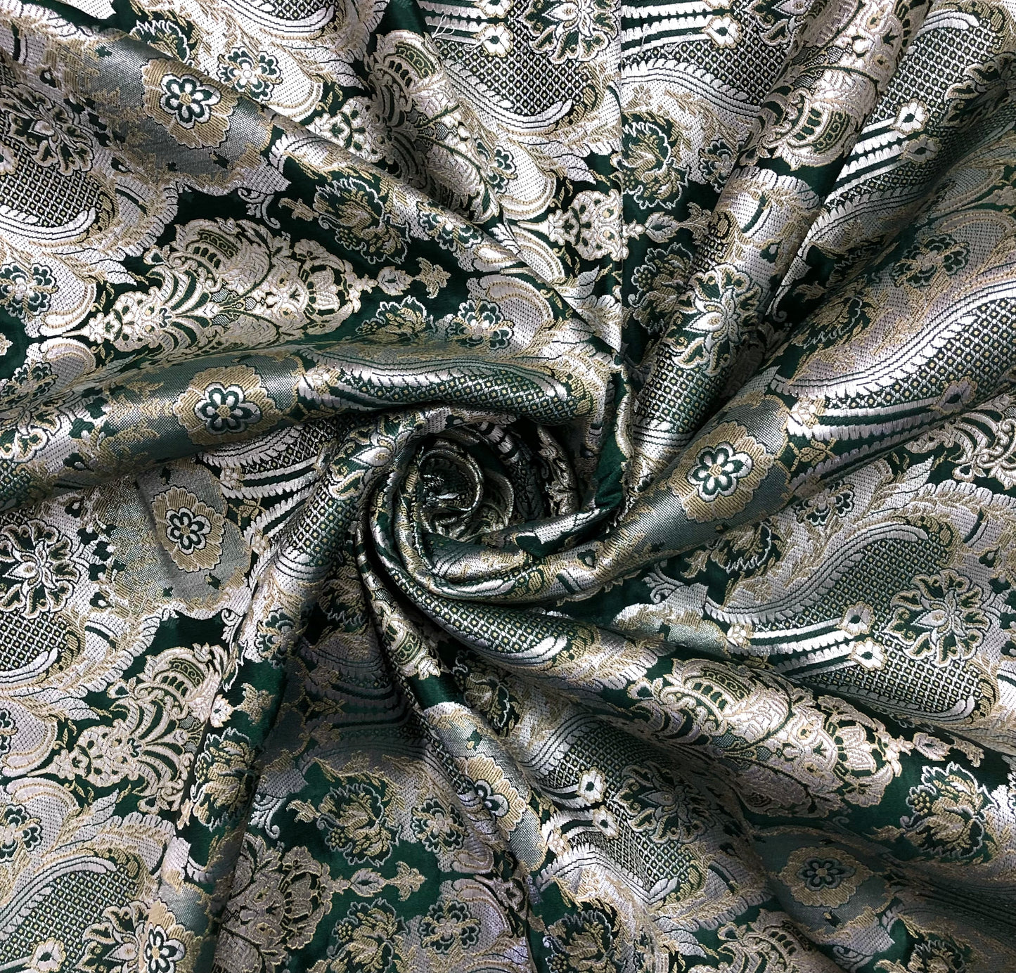 Indian Banarasi Brocade Fabric in Dark Green Silver and Gold color, Multiple lengths will come in the continuous piece - NF45