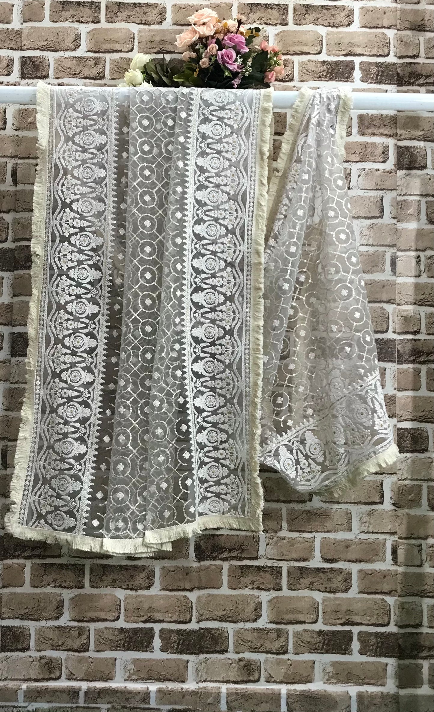 Soft Gray Embroidered Net dupatta with Chikankari Embroidery, Tulle Fabric, Stole, Shawl, Scarf for women, Bridal Veil  DP2001