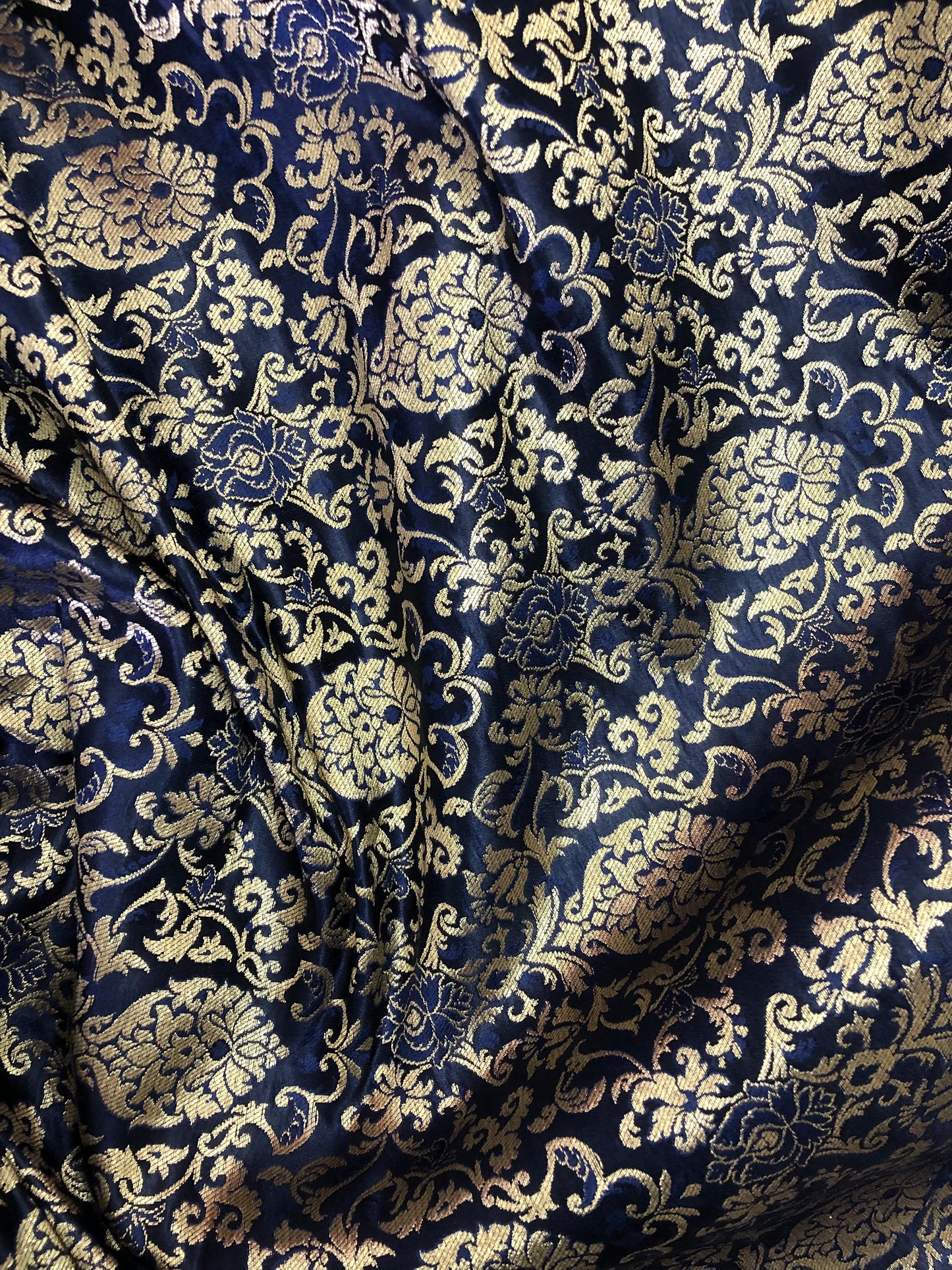 Indian Banarasi Brocade Fabric in Navy Blue and Gold color, Multiple lengths will come in the continuous piece - NF412