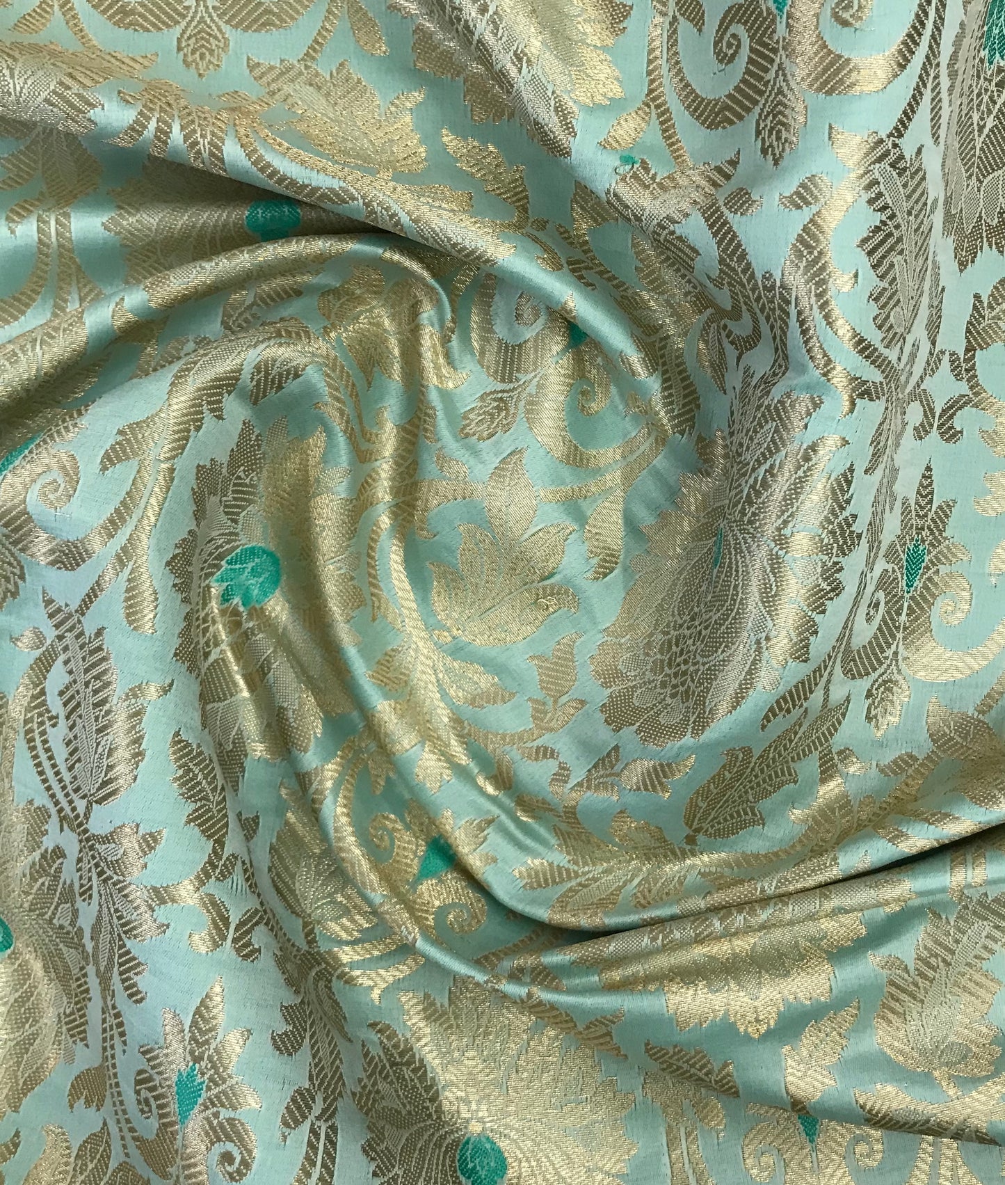 Indian Banarasi Brocade fabric in sea Green and Gold color, Multiple lengths will come in the continuous piece - NF893