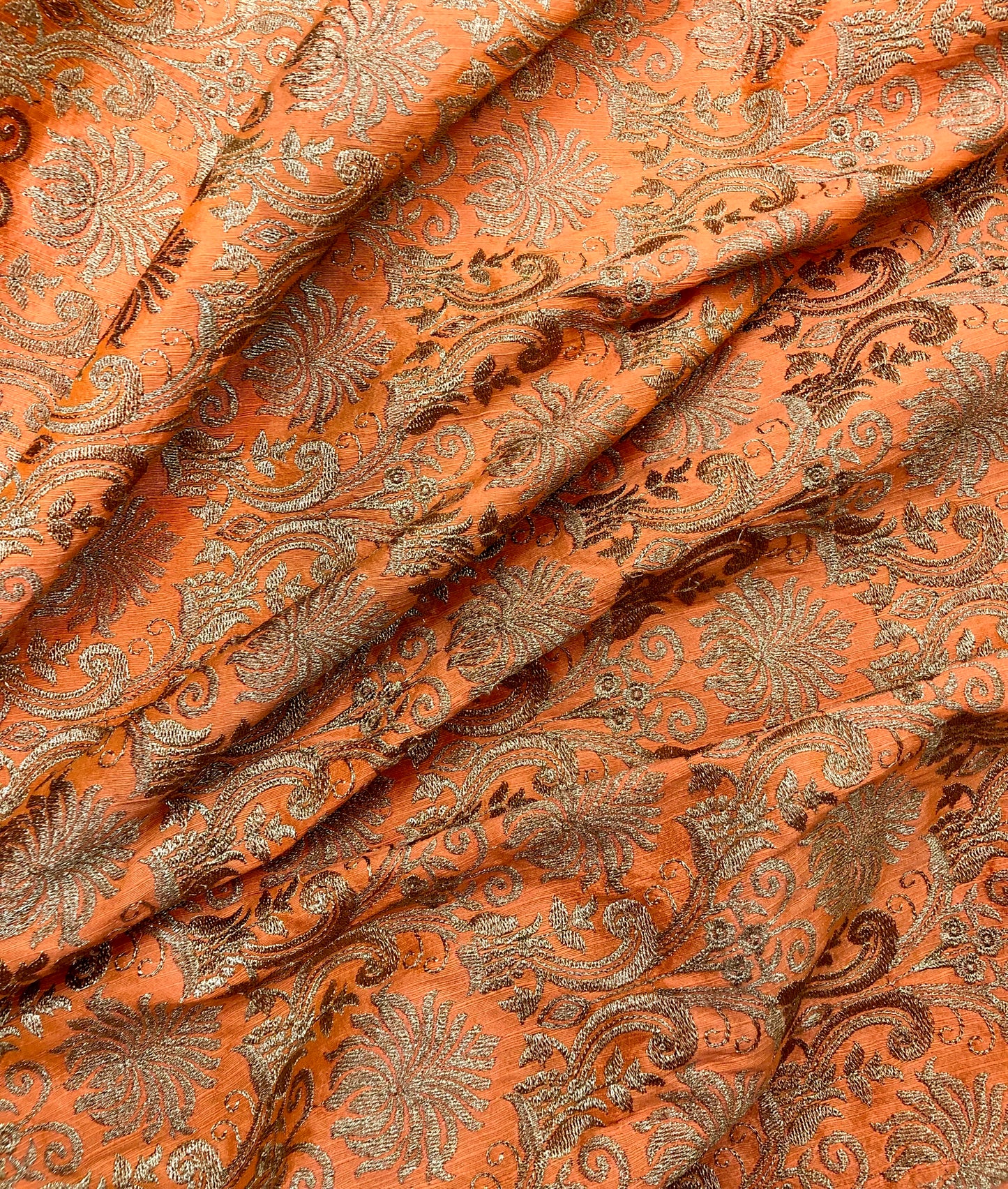 Orange embroidered fabric, Handmade, Indian fabric, Thread embroidery, Wedding dress, Bridesmaid dress, Medieval fabric, Gold flower - NFAF842