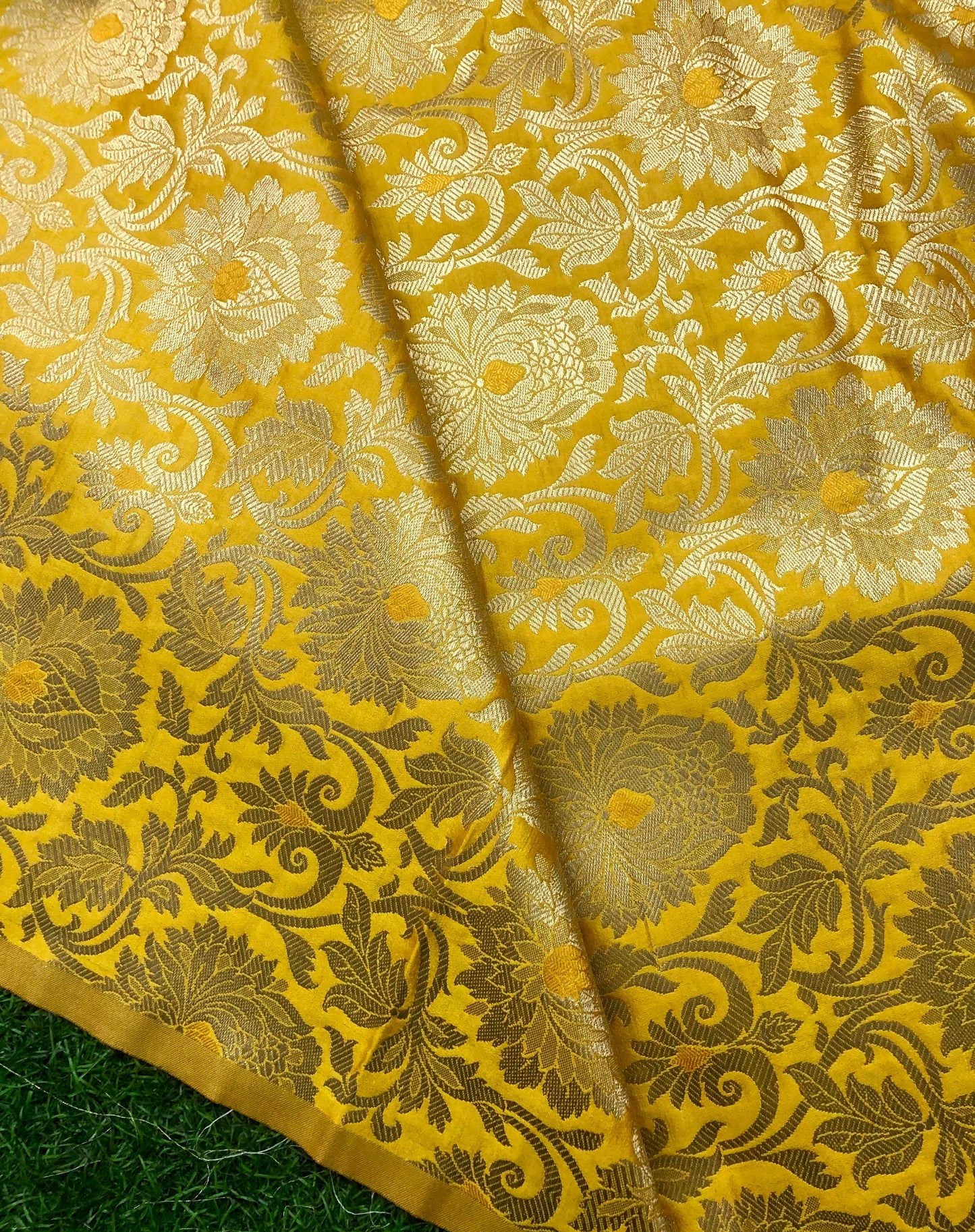 Indian Banarasi Brocade fabric in Yellow and Gold color, Multiple lengths will come in the continuous piece - NF342