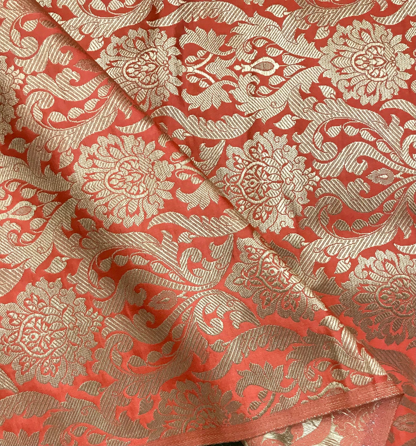 Indian Banarasi Brocade Fabric in Orange Coral and Gold color, Multiple lengths will come in the continuous Piece - NF666