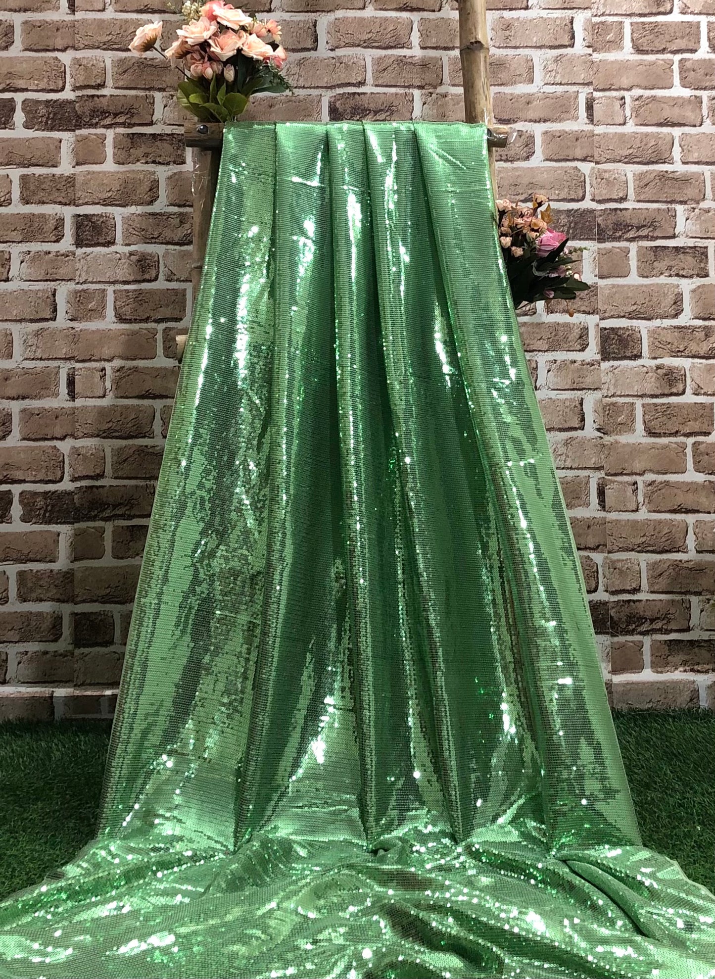 Sage Green Sequin Georgette Fabric,  Sequin Embroidery Fabric, Multiple lengths will come in the continuous piece - SQAF823