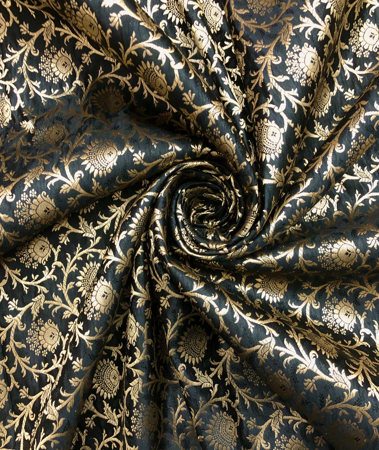 Indian Banarasi Brocade fabric in Black and Gold color, Multiple lengths will come in the continuous piece - NF631