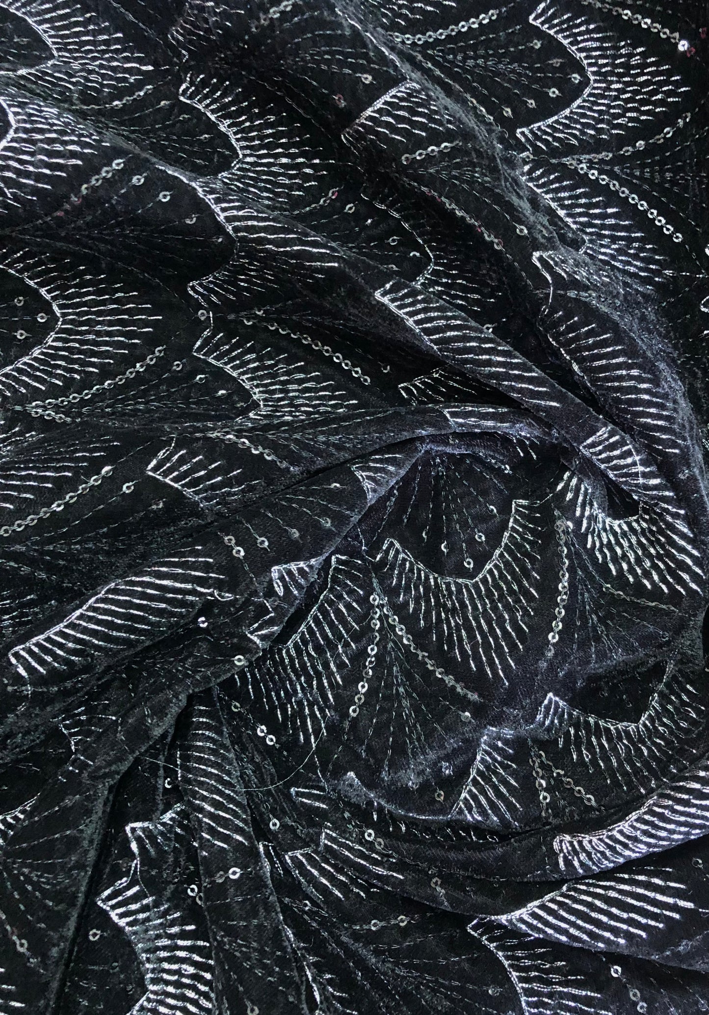 Black Sequins Embroidered Stretch Velvet Fabric, Dress Fabric, Multiple lengths will come in the continuous piece- VLTF1055