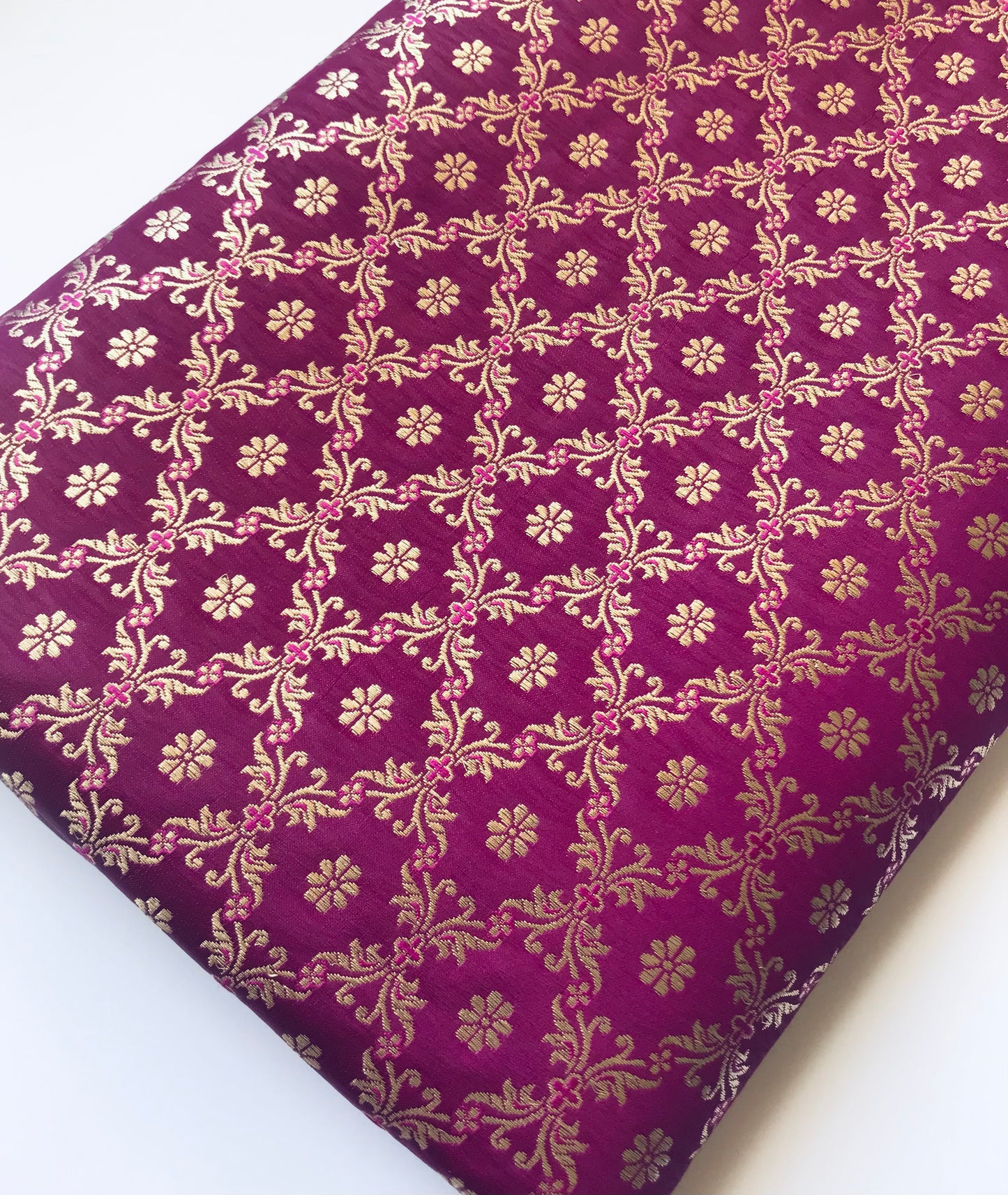 Indian Banarasi Brocade fabric in Purple and Gold color, Multiple lengths will come in the continuous piece - NF210