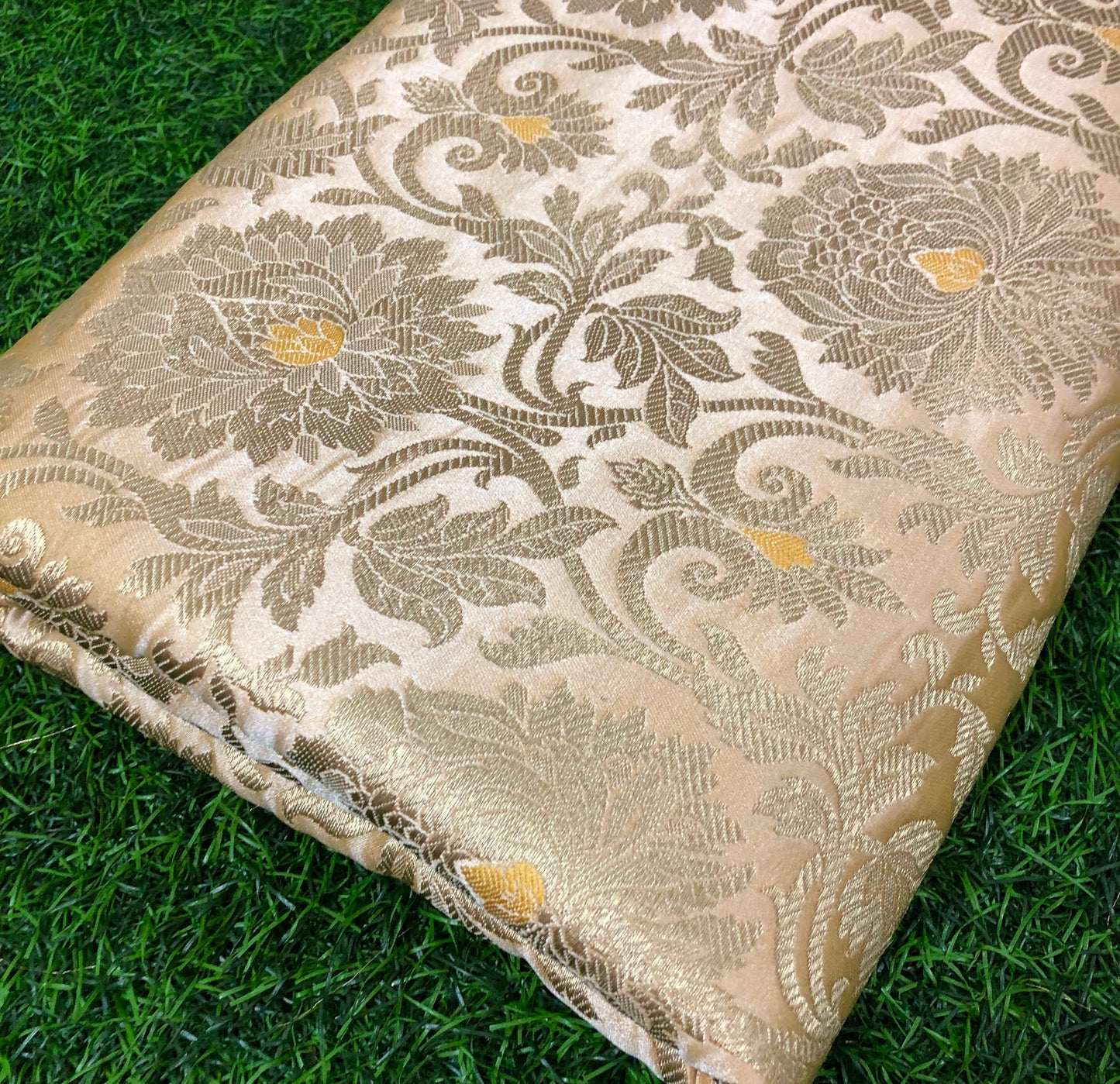 Indian Banarasi Brocade fabric in Beige and Gold color, Multiple lengths will come in the continuous piece - NF232