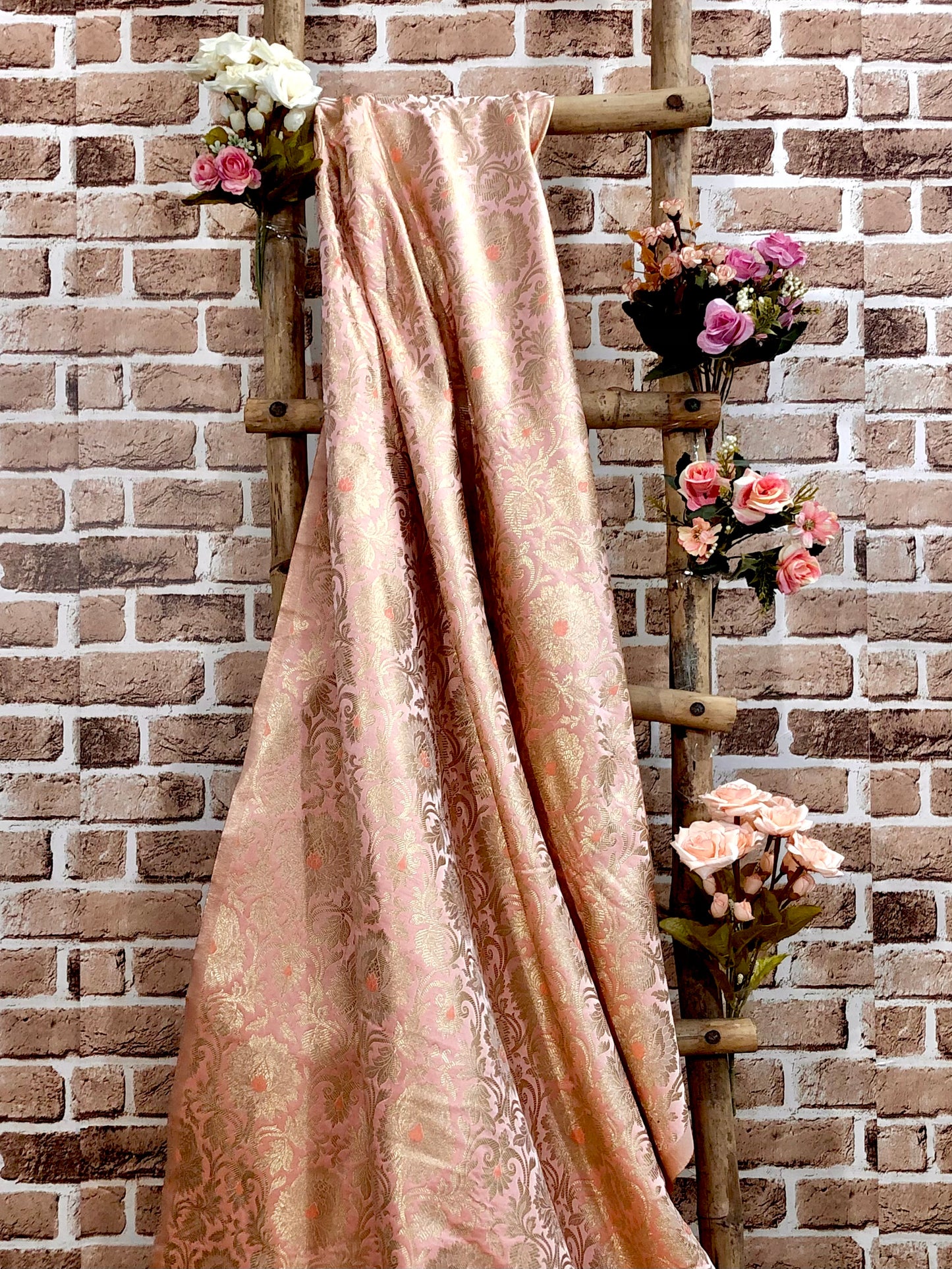 Indian Banarasi Brocade fabric in Peach and Gold color,  Multiple lengths will come in the continuous piece - NF895