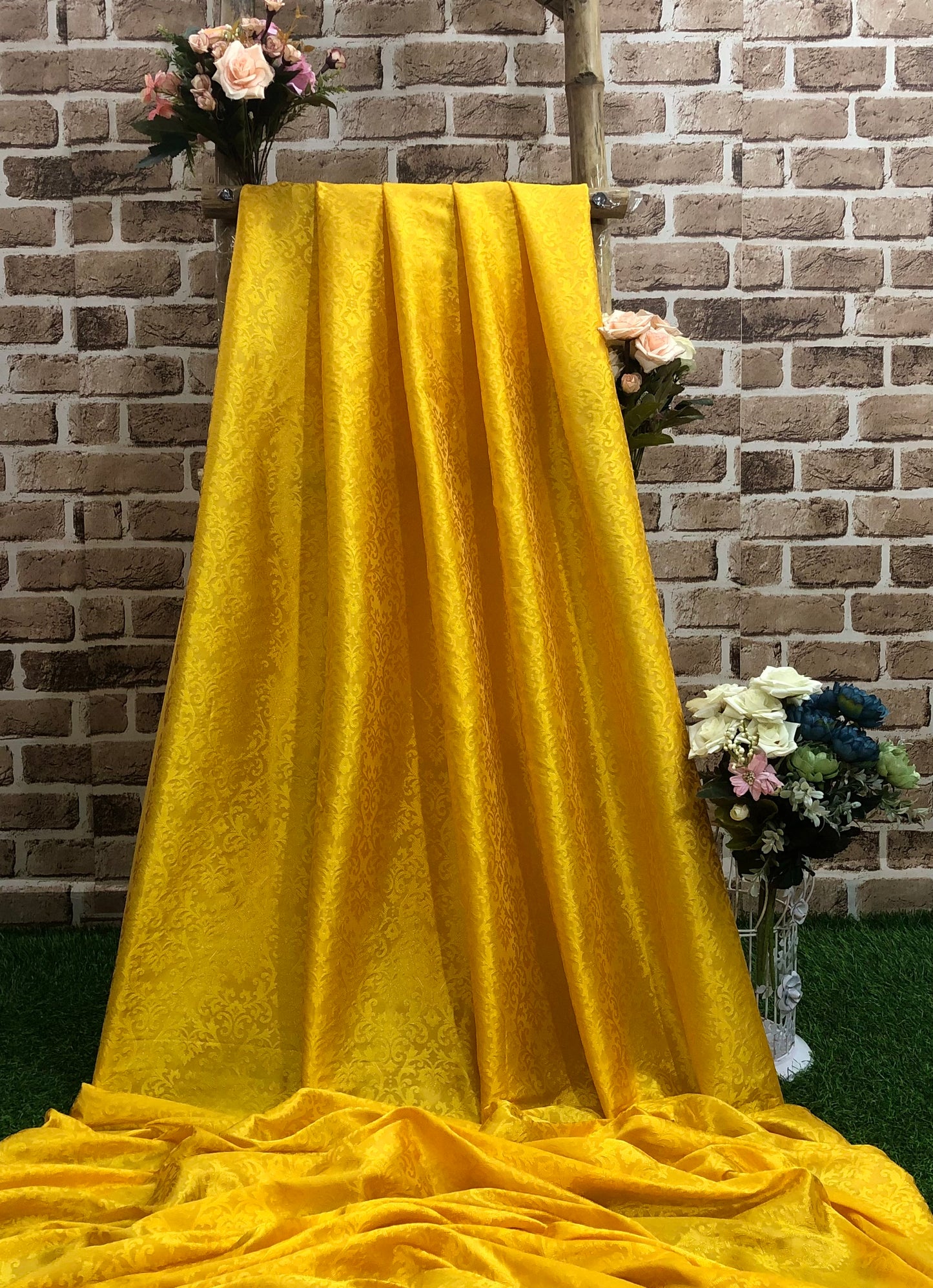 Indian Banarasi brocade Fabric in Yellow Color, Multiple lengths will come in a continuous piece - NF609