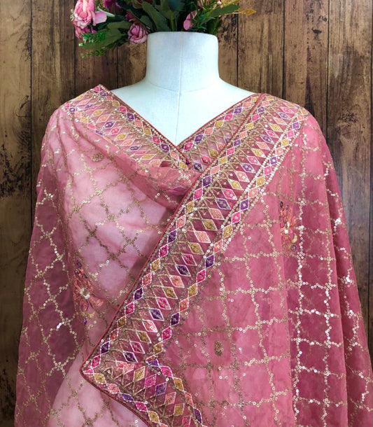 Salmon Organza Dupatta for women with sequins and thread Embroidery, Stole, Scarf, shawl, abaya, Chuniri, Indian fabric, Veil, DP1052