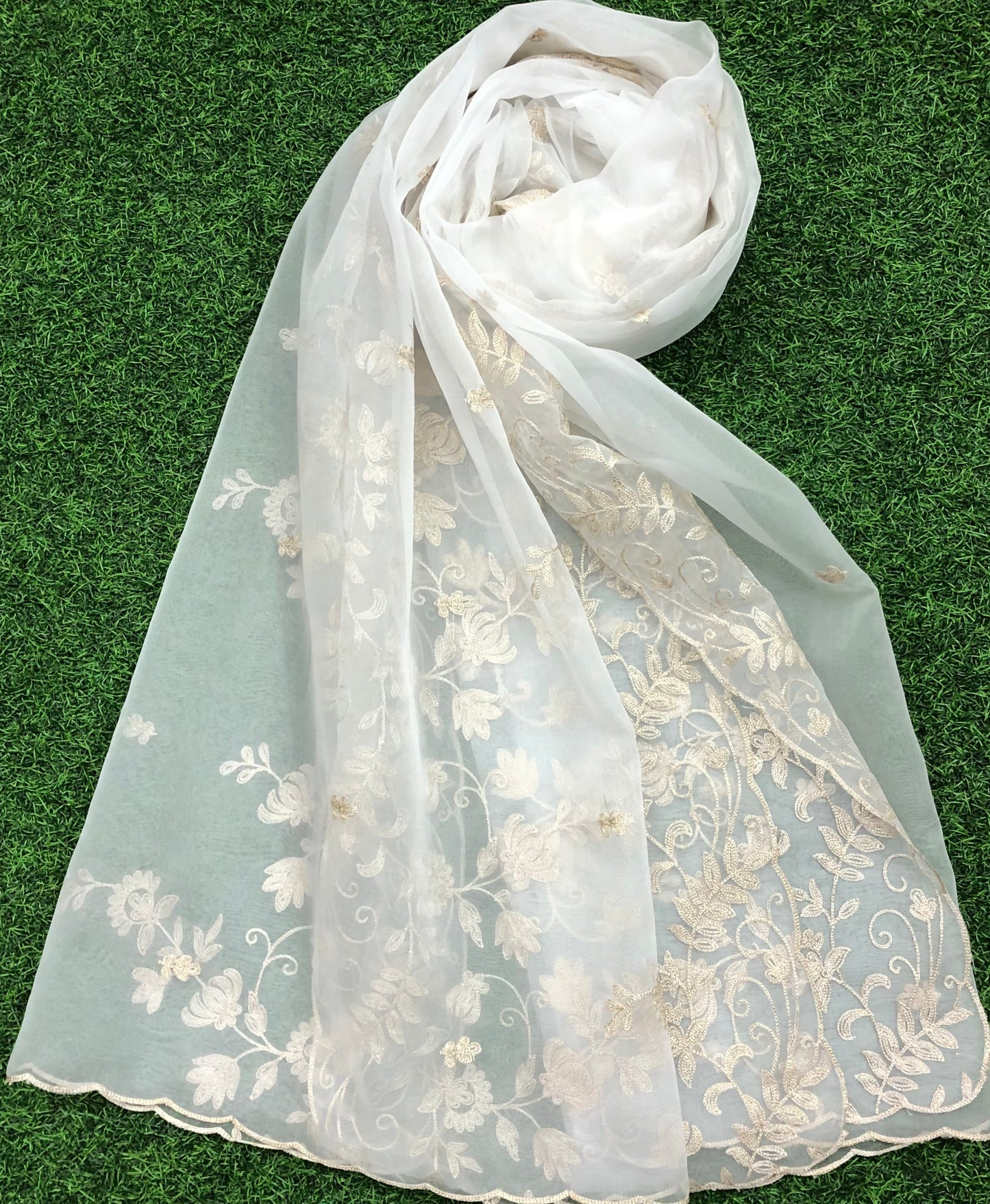 White Organza Dupatta for Women with Light Gold Embroidered, Stole, Scarf, shawl, abaya, Chuniri, Indian Chunni, DP2014