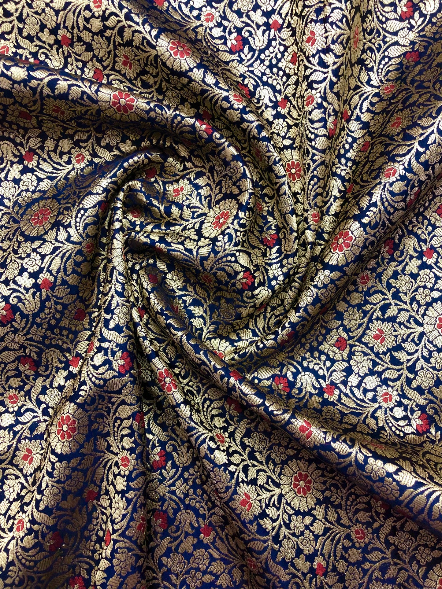 indian Banarasi Brocade Fabric in Navy Blue and Gold Color, Multiple lengths will come in the continuous piece - NFAF648