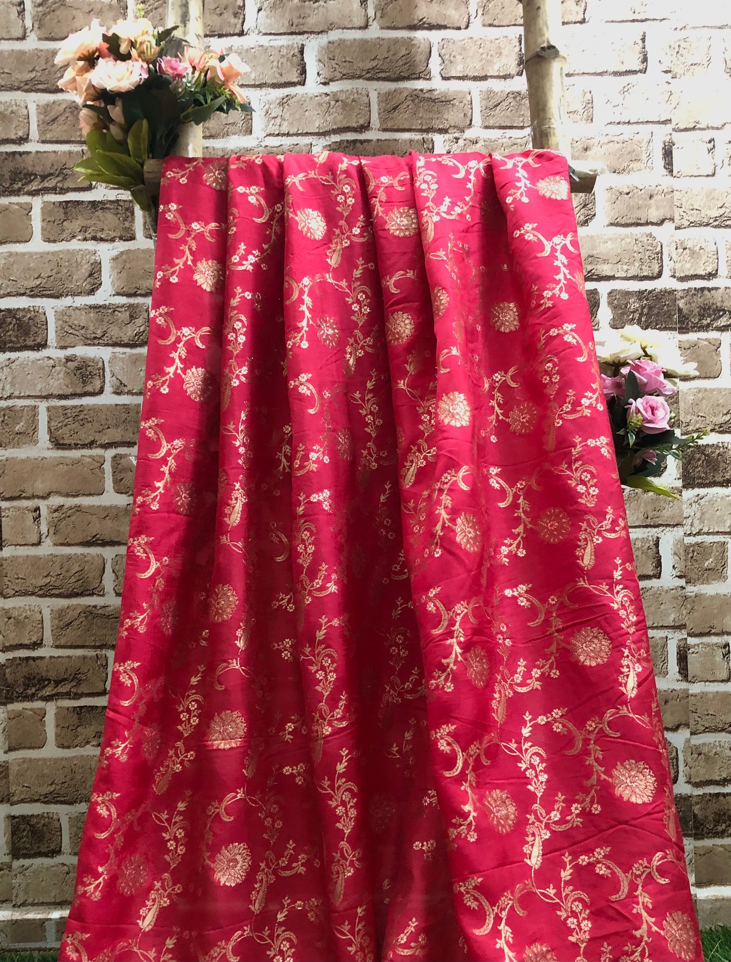 Indian Banarasi Brocade Silk Fabric in Coral and Gold  color, Multiple lengths will come in the continuous piece - NF579