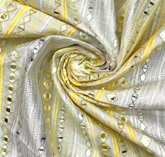 Yellow embroidered fabric, Wedding dress, Fabric store, Luxury fabric, Thread embroidery, Indian fabric, Couture fashion, Royal fabric - NFAF877