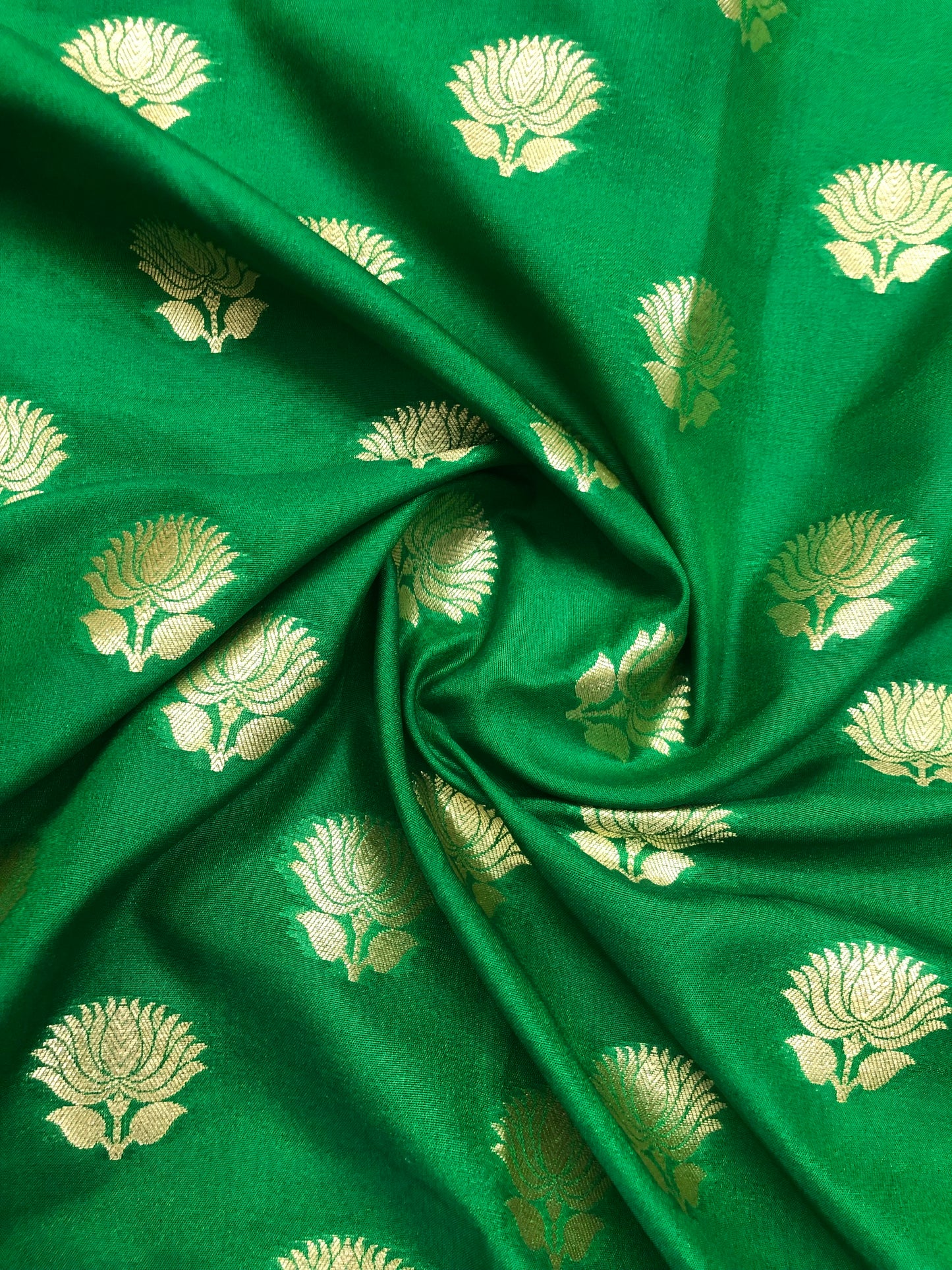 Indian Banarasi Brocade Fabric in Green and light gold color, Multiple lengths will come in the continuous Piece - NF384