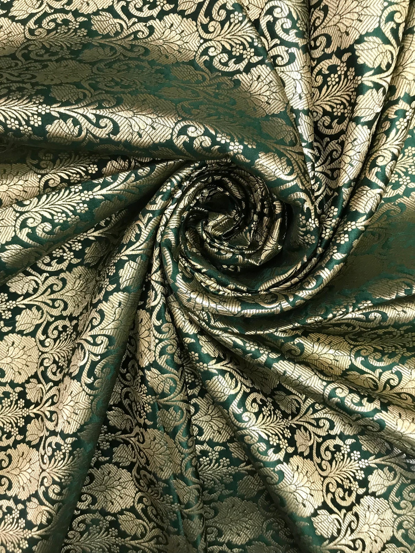 Indian Banarasi Brocade Fabric in Green and Gold color, Multiple lengths will come in the continuous Piece - NF433