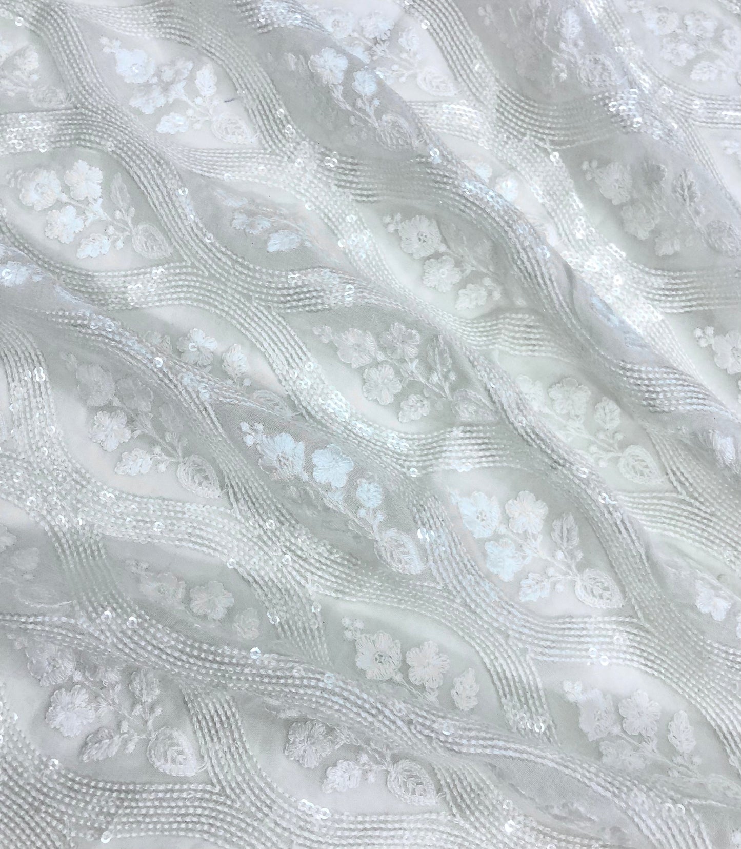 Indian Embroidered Fabric CHIFFON in Off-White color, Multiple lengths will come in the continuous piece - NF932