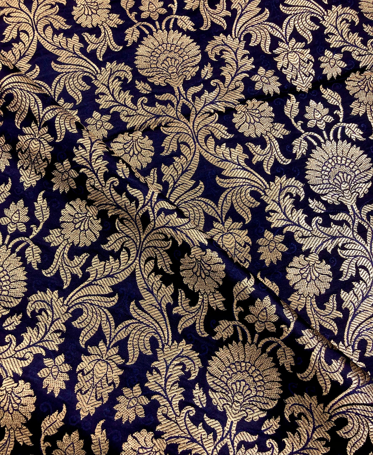 Indian Banarasi Brocade Fabric in Navy Blue and Gold color, Multiple Length will come in a continuous piece - NF443