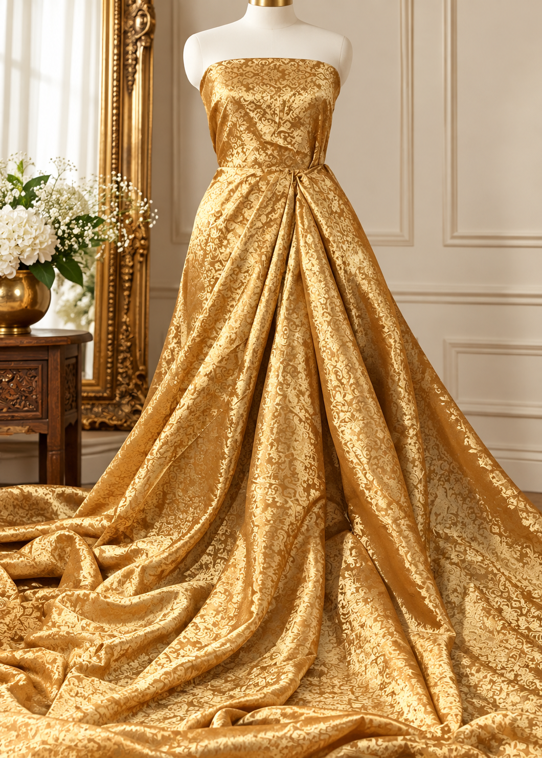 Mustard damask jacquard brocade fabric, Floral brocade, Home décor fabric, Wedding dress, Party Dress Fabric - NFAF329