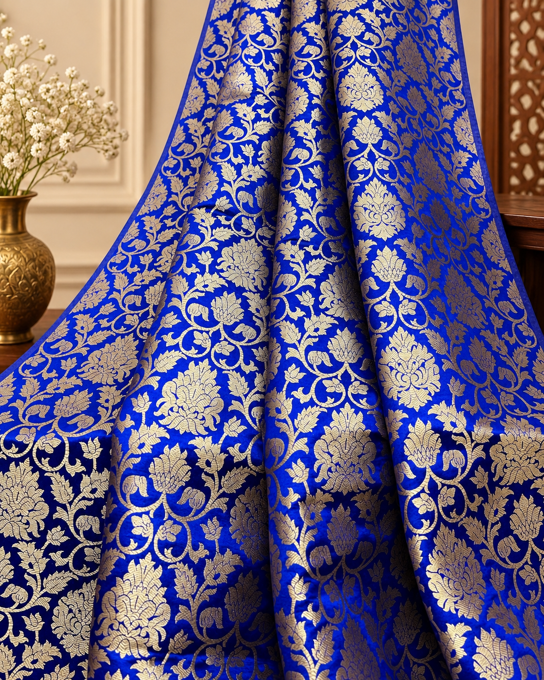Brocade fabric Jacquard damask fabric Blue gold brocade Wedding bridal fabric silk dress Clothing Material Brocade fabric by the yard