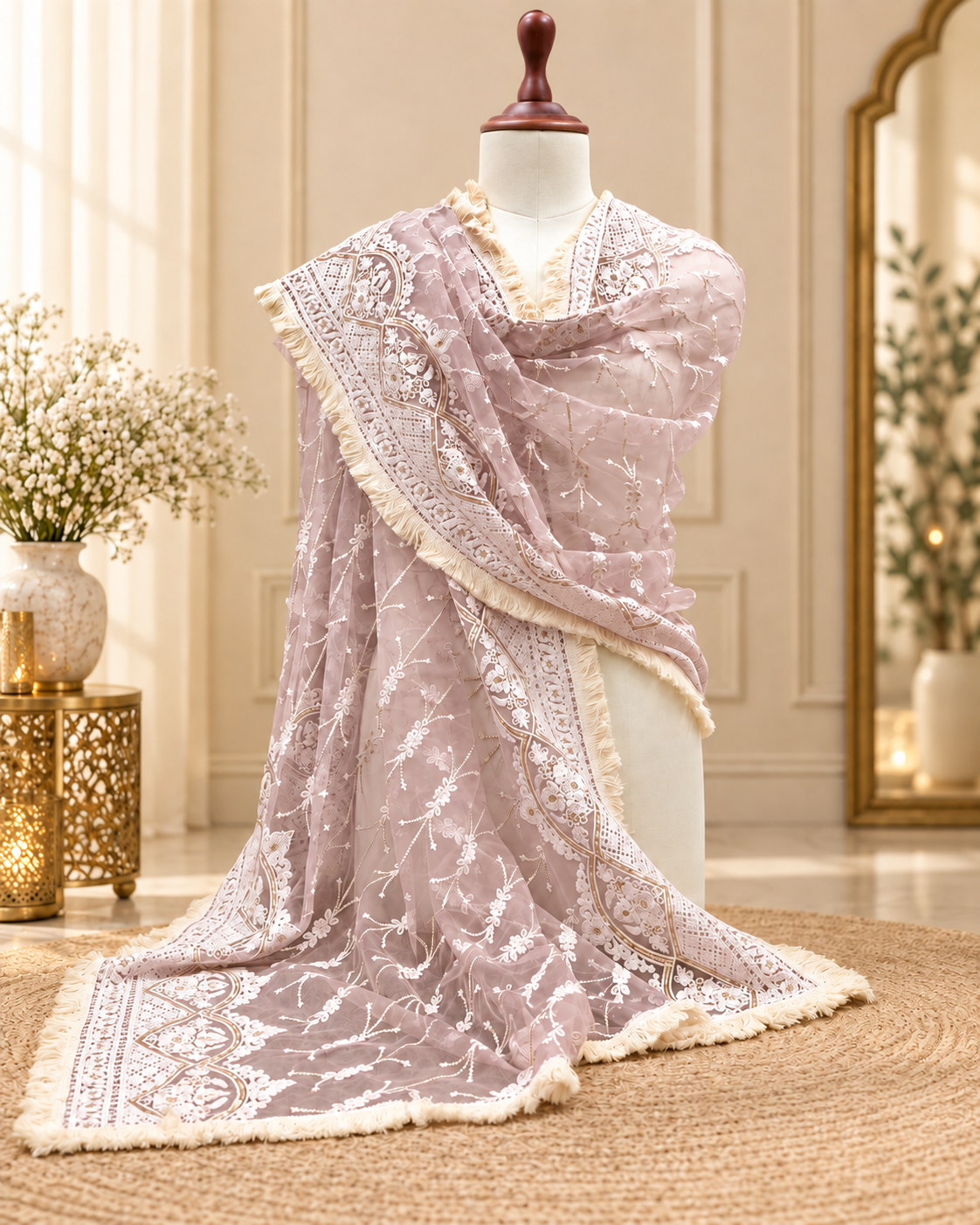 Lilac Embroidered Net Dupatta, Tulle Fabric, Chikankari Indian Stole, Shawl, Scarf for Women, Bridal Wedding Fabric, Veil, DP2011