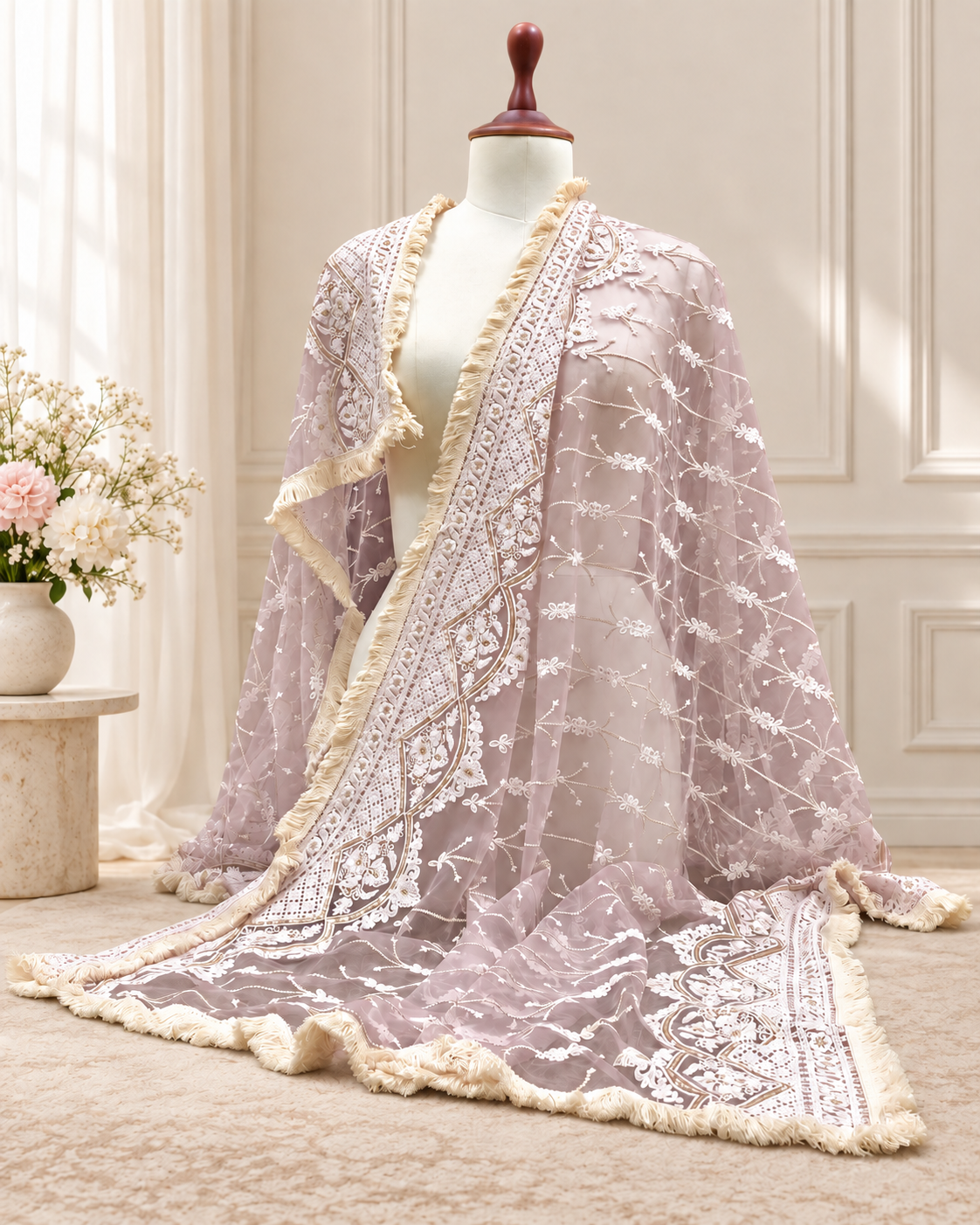 Lilac Embroidered Net Dupatta, Tulle Fabric, Chikankari Indian Stole, Shawl, Scarf for Women, Bridal Wedding Fabric, Veil, DP2011