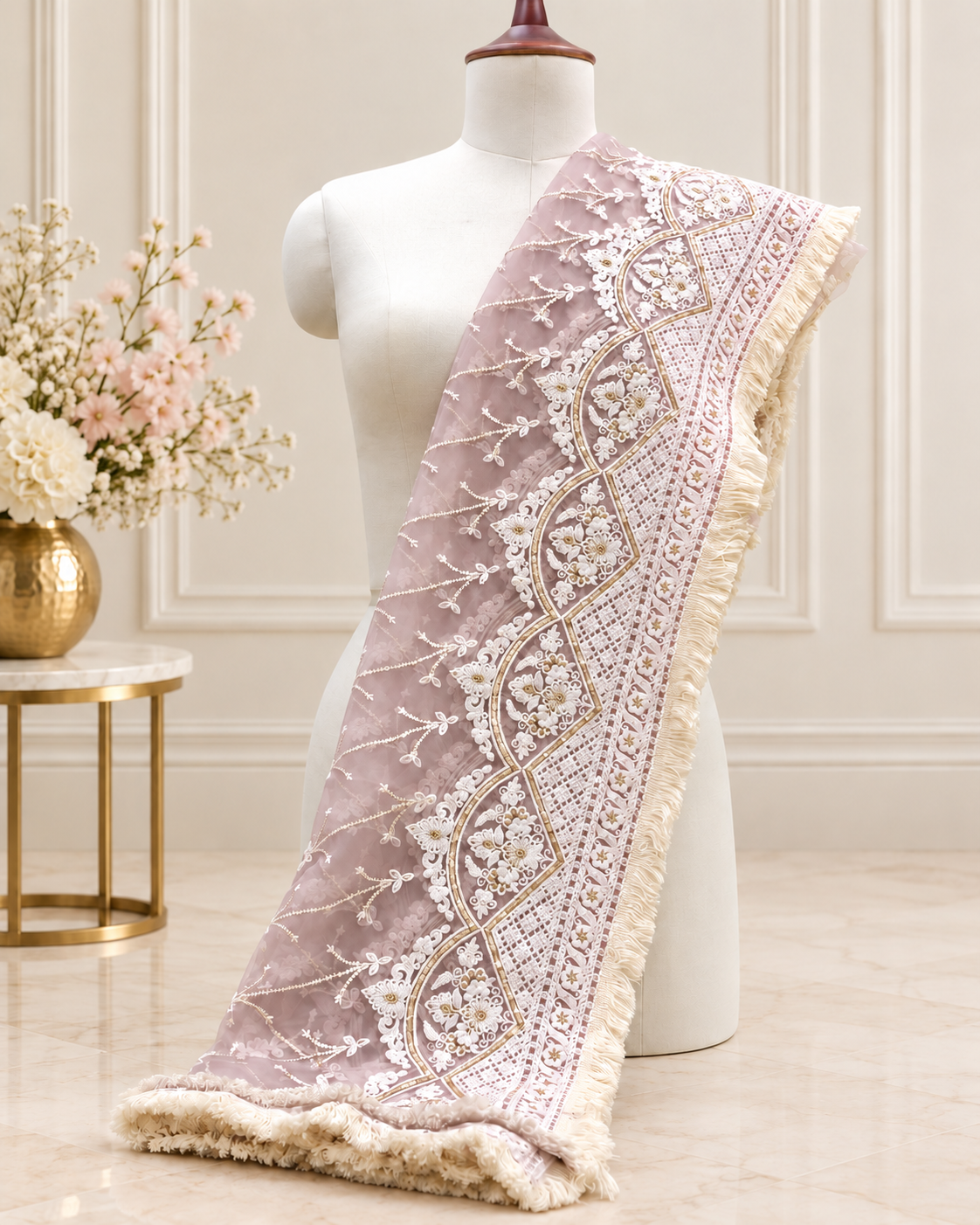 Lilac Embroidered Net Dupatta, Tulle Fabric, Chikankari Indian Stole, Shawl, Scarf for Women, Bridal Wedding Fabric, Veil, DP2011