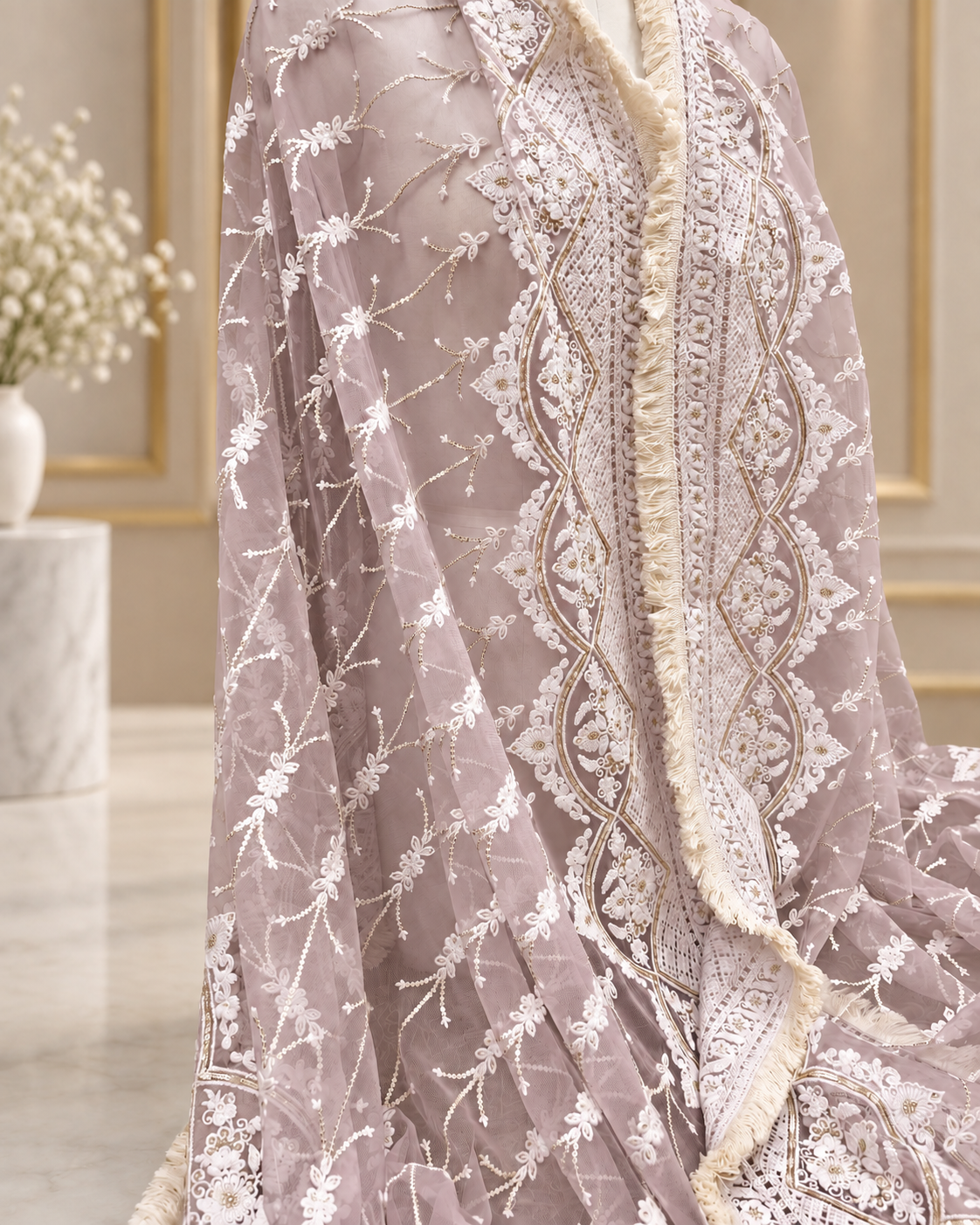 Lilac Embroidered Net Dupatta, Tulle Fabric, Chikankari Indian Stole, Shawl, Scarf for Women, Bridal Wedding Fabric, Veil, DP2011