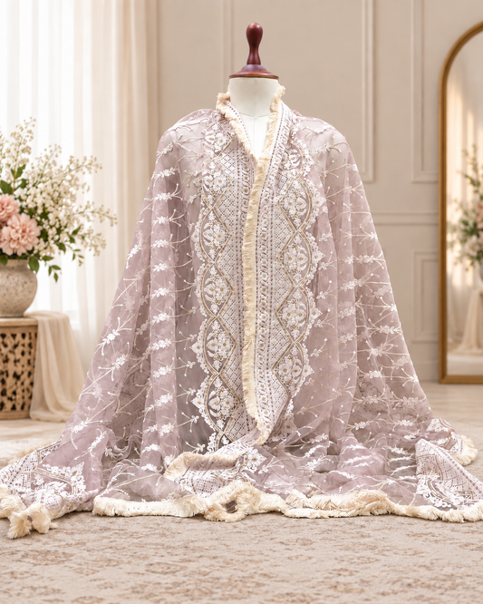 Lilac Embroidered Net Dupatta, Tulle Fabric, Chikankari Indian Stole, Shawl, Scarf for Women, Bridal Wedding Fabric, Veil, DP2011