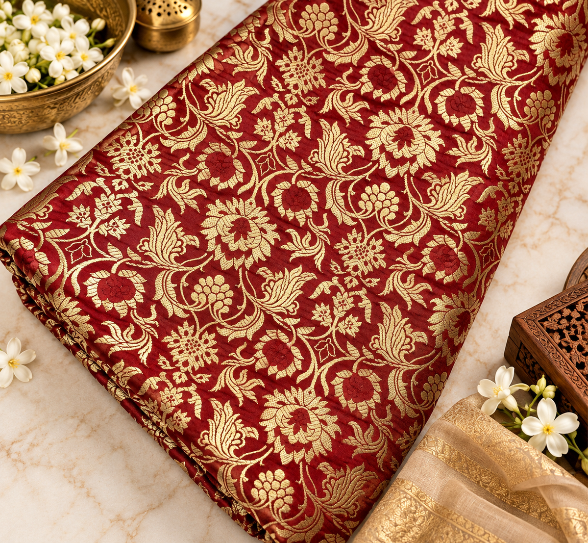 Banarasi Brocade fabric, Red and Gold Rayon silk brocade fabric, Renaissance fabric, Lace brocade, Flower brocade, Jacquard fabric - NFAF476