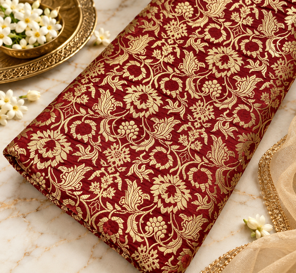 Banarasi Brocade fabric, Red and Gold Rayon silk brocade fabric, Renaissance fabric, Lace brocade, Flower brocade, Jacquard fabric - NFAF476