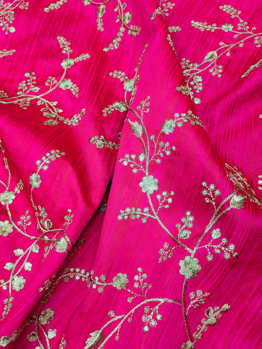Embroidered fabric Hot Pink Gold Embroidery dress Fabric Bridal Dress Luxury Wedding Veil Indian Lehenga fabric upholstrey fabric by the yard NFAF01