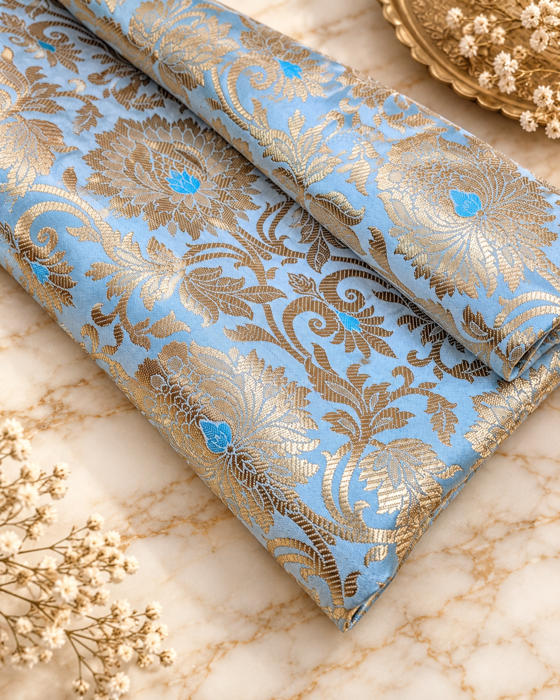 Brocade fabric Blue Gold Jacquard Damask Rayon Silk brocade Fabric Wedding Bridal High Grade Designer fabric by the yard Material NFAF06