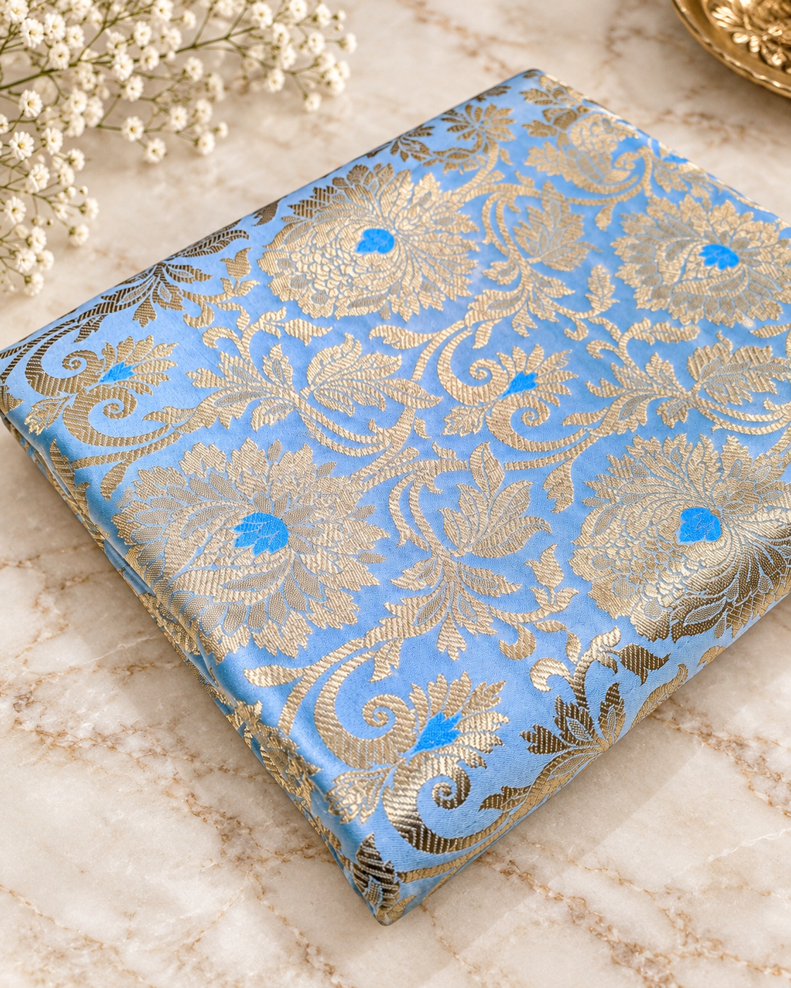 Brocade fabric Blue Gold Jacquard Damask Rayon Silk brocade Fabric Wedding Bridal High Grade Designer fabric by the yard Material NFAF06
