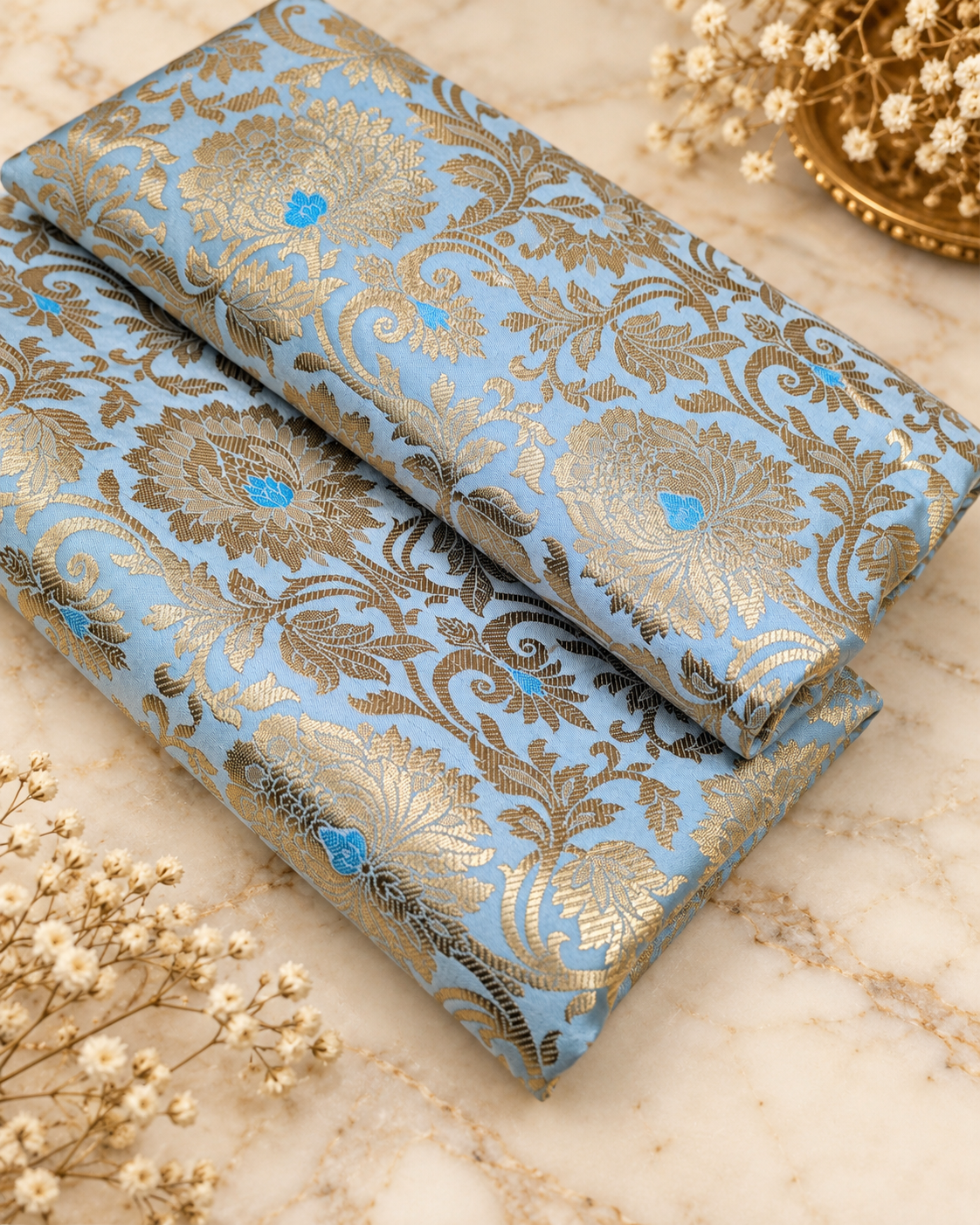 Brocade fabric Blue Gold Jacquard Damask Rayon Silk brocade Fabric Wedding Bridal High Grade Designer fabric by the yard Material NFAF06