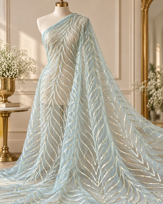Sea foam Gota patti embroidered fabric, Wedding dress fabric, Net tulle fabric, Royal fabric, Gold fabric, Indian fabric - NFAF1028
