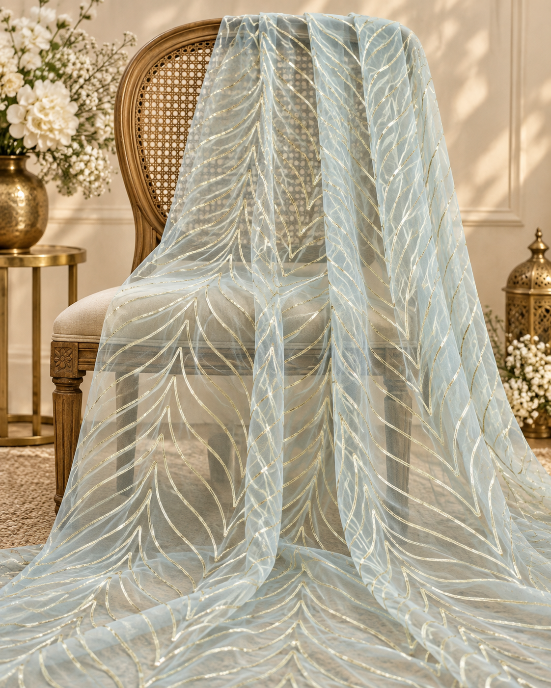 Sea foam Gota patti embroidered fabric, Wedding dress fabric, Net tulle fabric, Royal fabric, Gold fabric, Indian fabric - NFAF1028