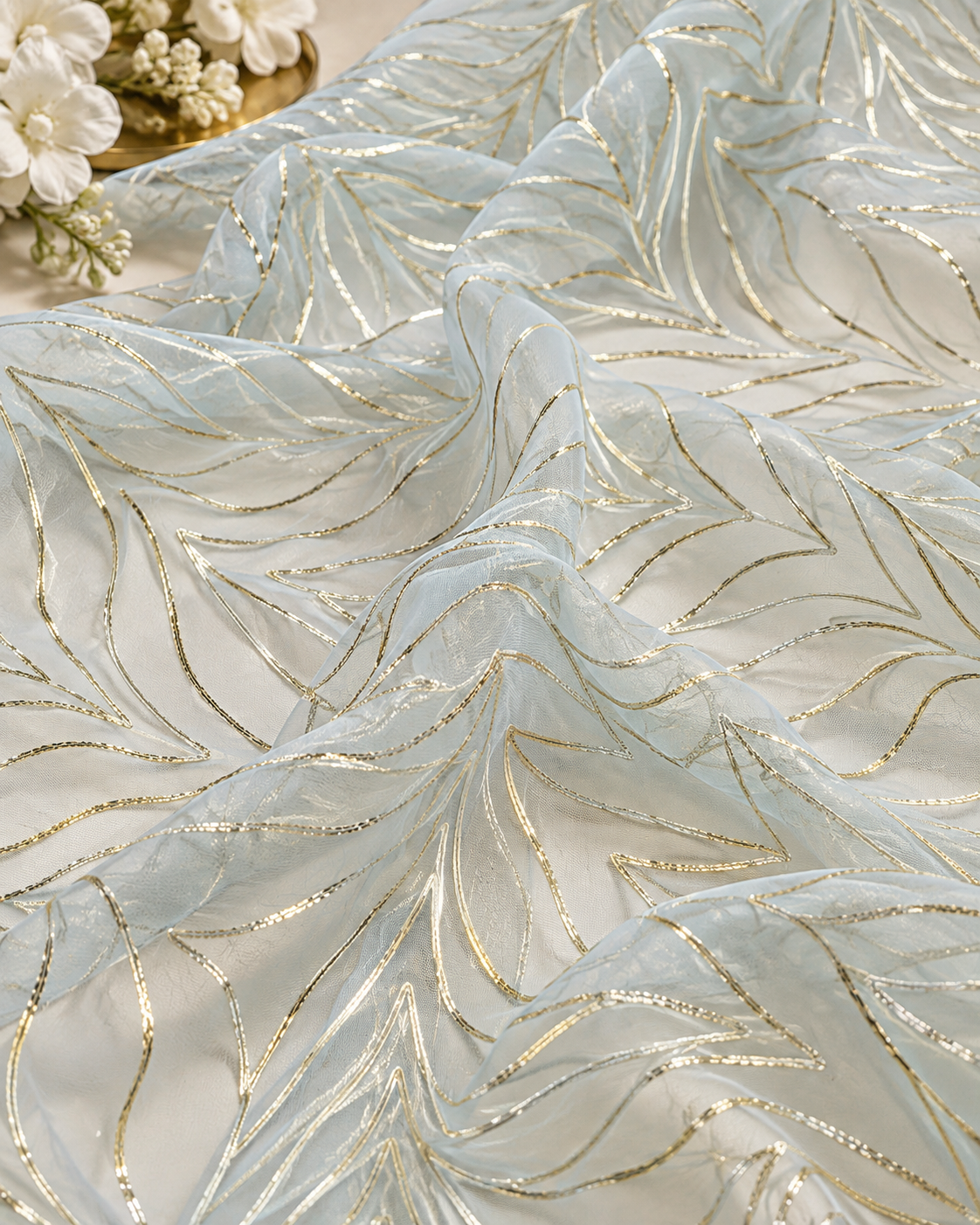 Sea foam Gota patti embroidered fabric, Wedding dress fabric, Net tulle fabric, Royal fabric, Gold fabric, Indian fabric - NFAF1028