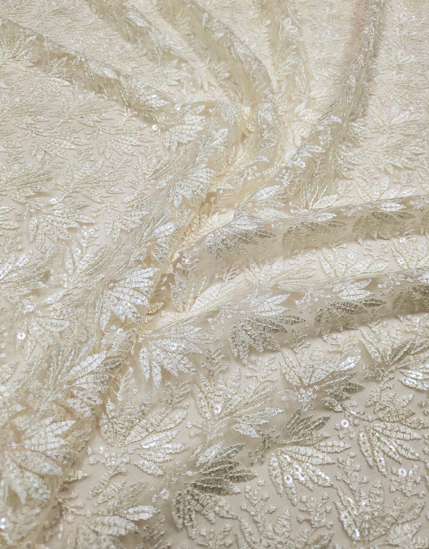 Off white embroidered fabric, Tulle fabric, Wedding dress, Mesh fabric, Floral design, Bridesmaid dress, Vintage fabric, Indian fabric - NFAF1063