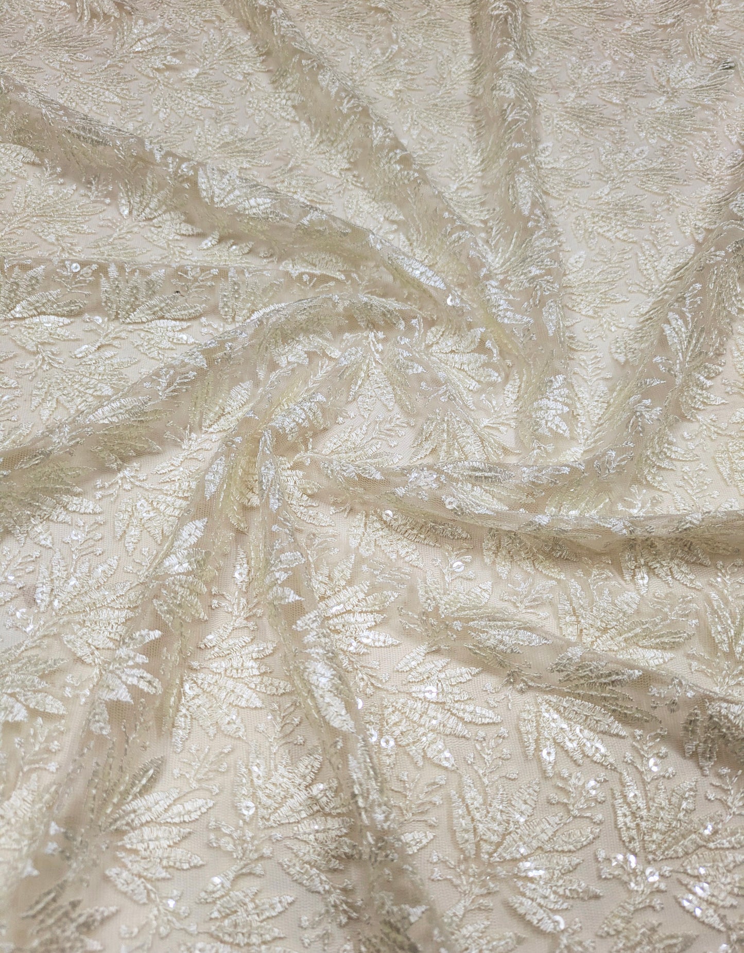 Off white embroidered fabric, Tulle fabric, Wedding dress, Mesh fabric, Floral design, Bridesmaid dress, Vintage fabric, Indian fabric - NFAF1063